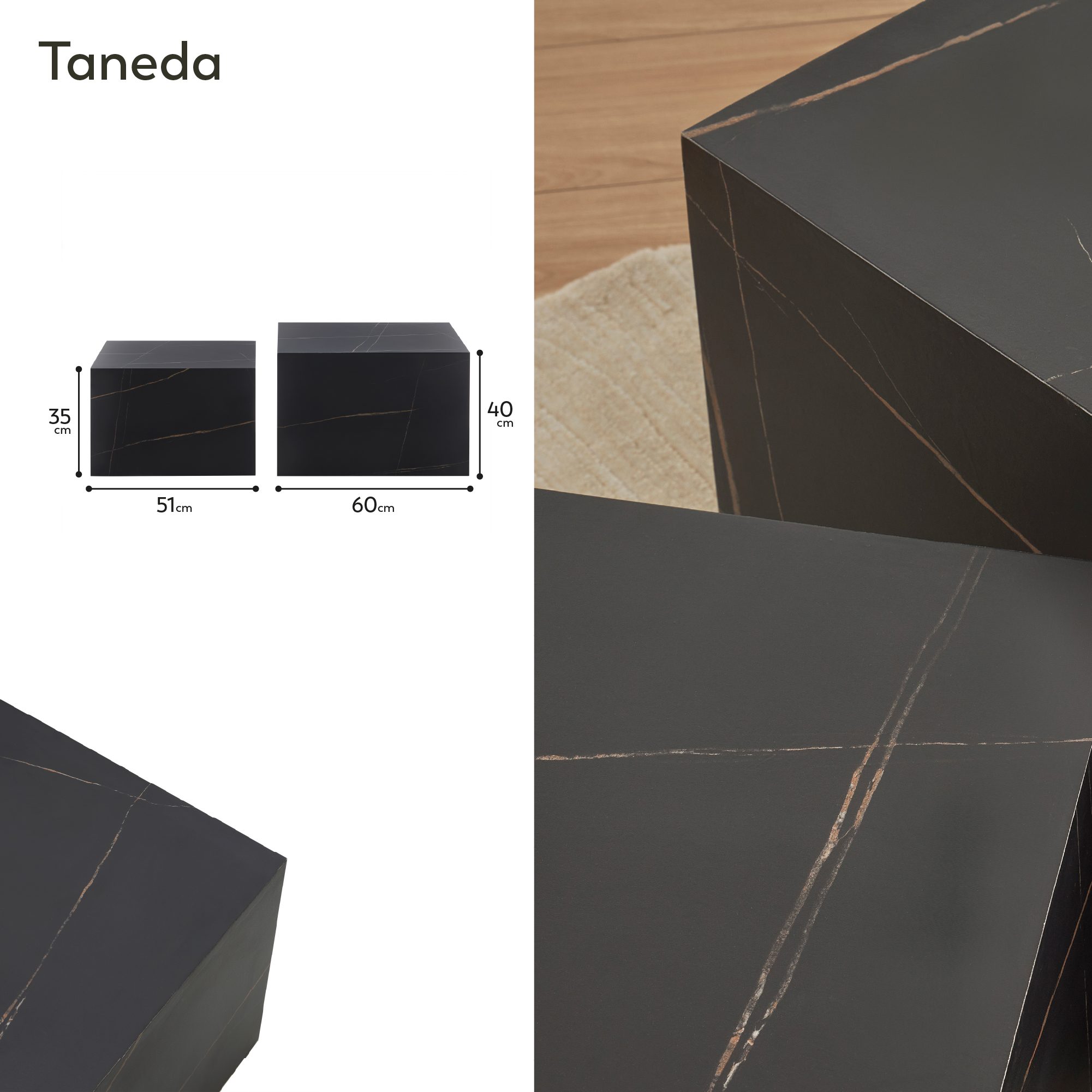Couchtische / Beistelltisch TANEDA in Schwarz mit dekorativer Maserung - 2er Set TANEDA – Couchtische / Beistelltisch in Schwarz mit dekorativer Maserung - 2er Set