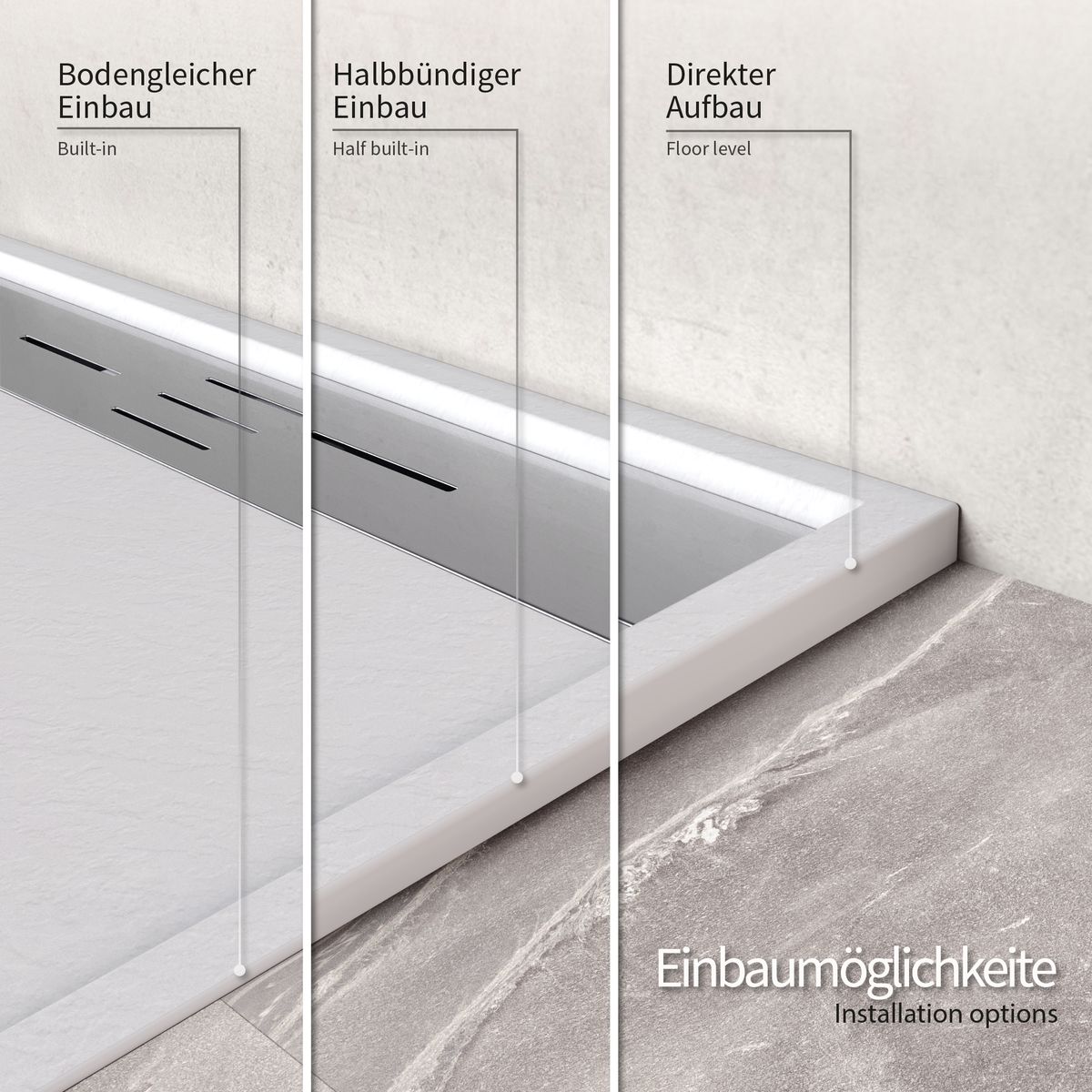 Hiemal – SMC Shower Tray in Slate Finish, including White Drain Assembly with Stainless Steel Cover