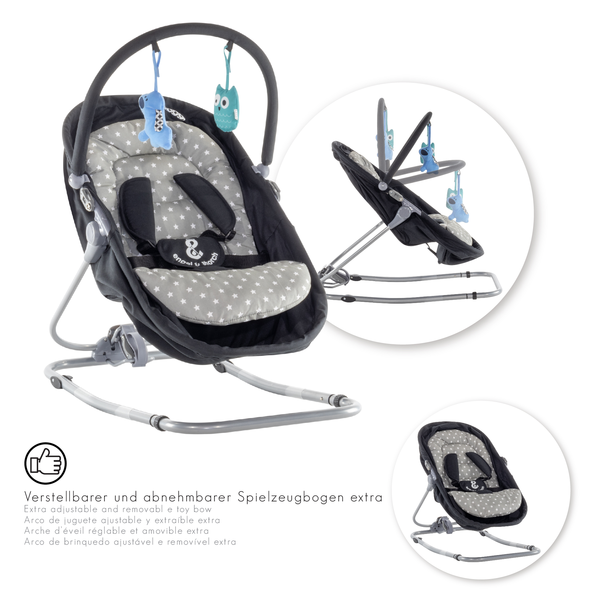 Babywippe PAVO mit Wiegenfunktion und Spielebogen