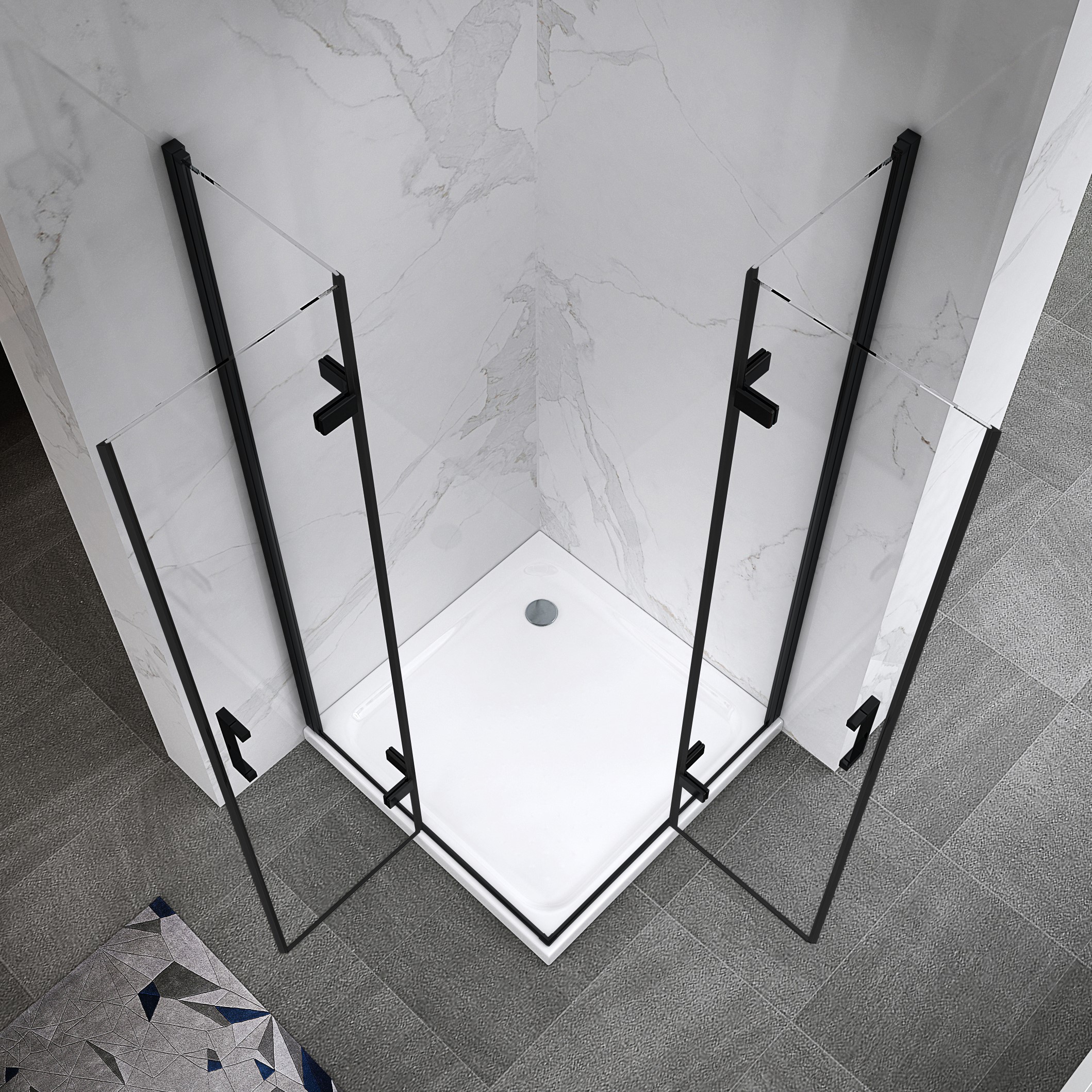 Eckeinstieg Matilde BLACK mit Falttüren aus ESG Sicherheitsglas Eckeinstieg Matilde BLACK mit Falttüren aus ESG Sicherheitsglas