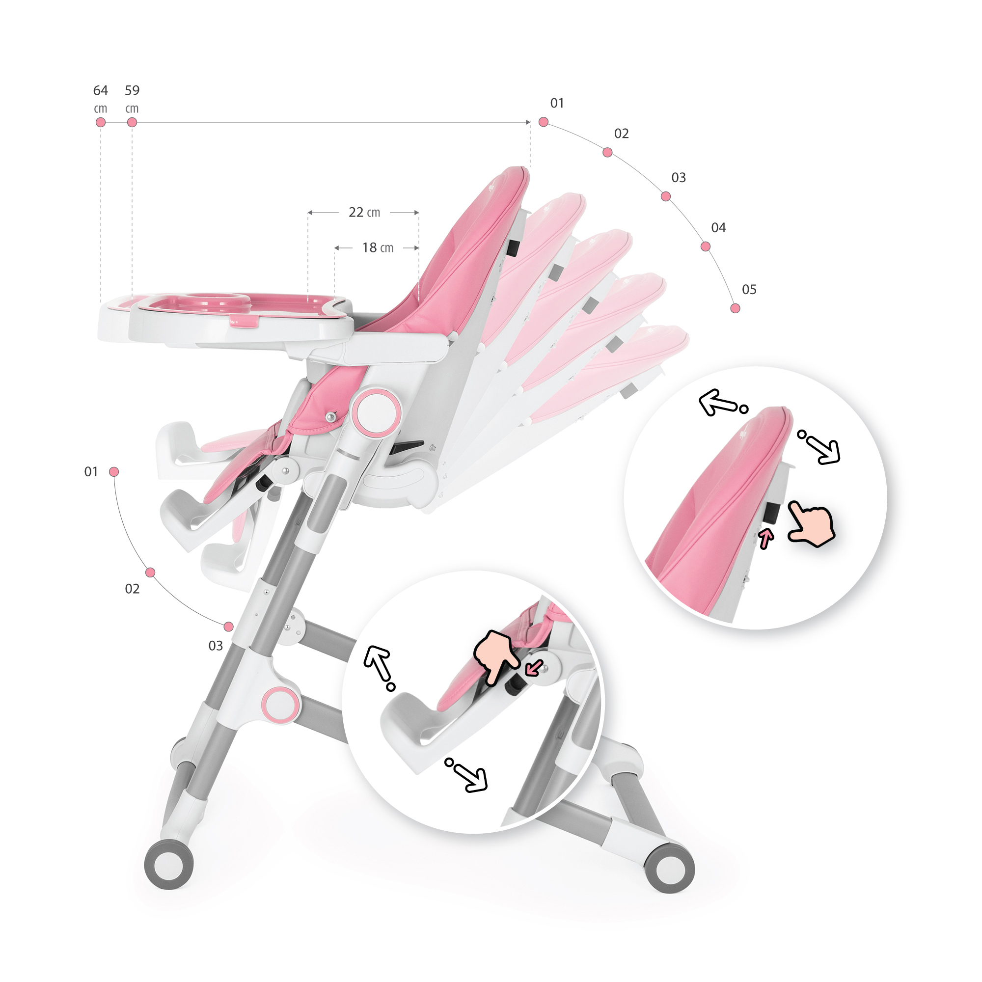 Kinderhochstuhl HUGO Babystuhl Verstellbar Klappbar Pink