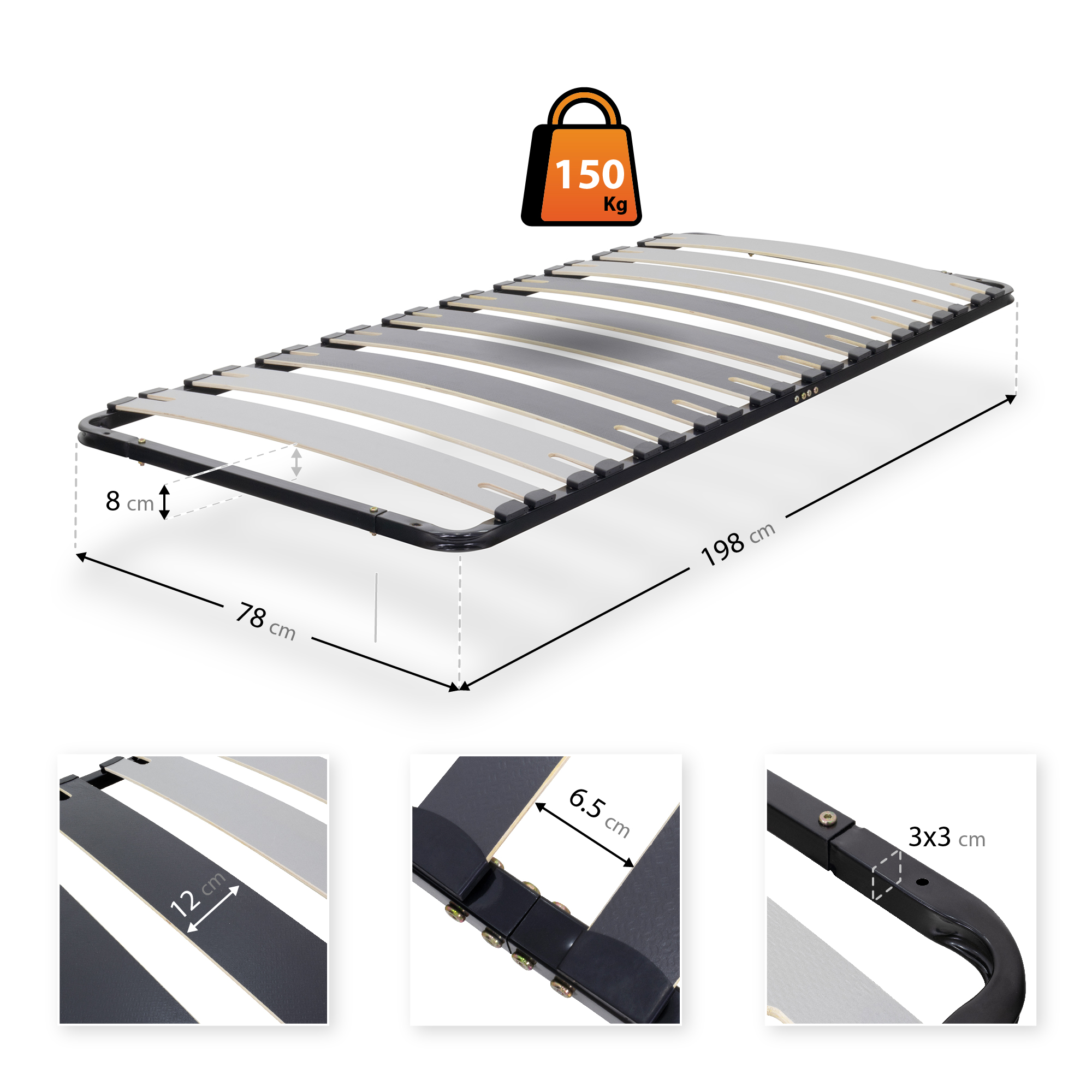 Lattenrost DECK mit stabilem Metallrahmen - für alle Matratzen geeignet 80x200 cm