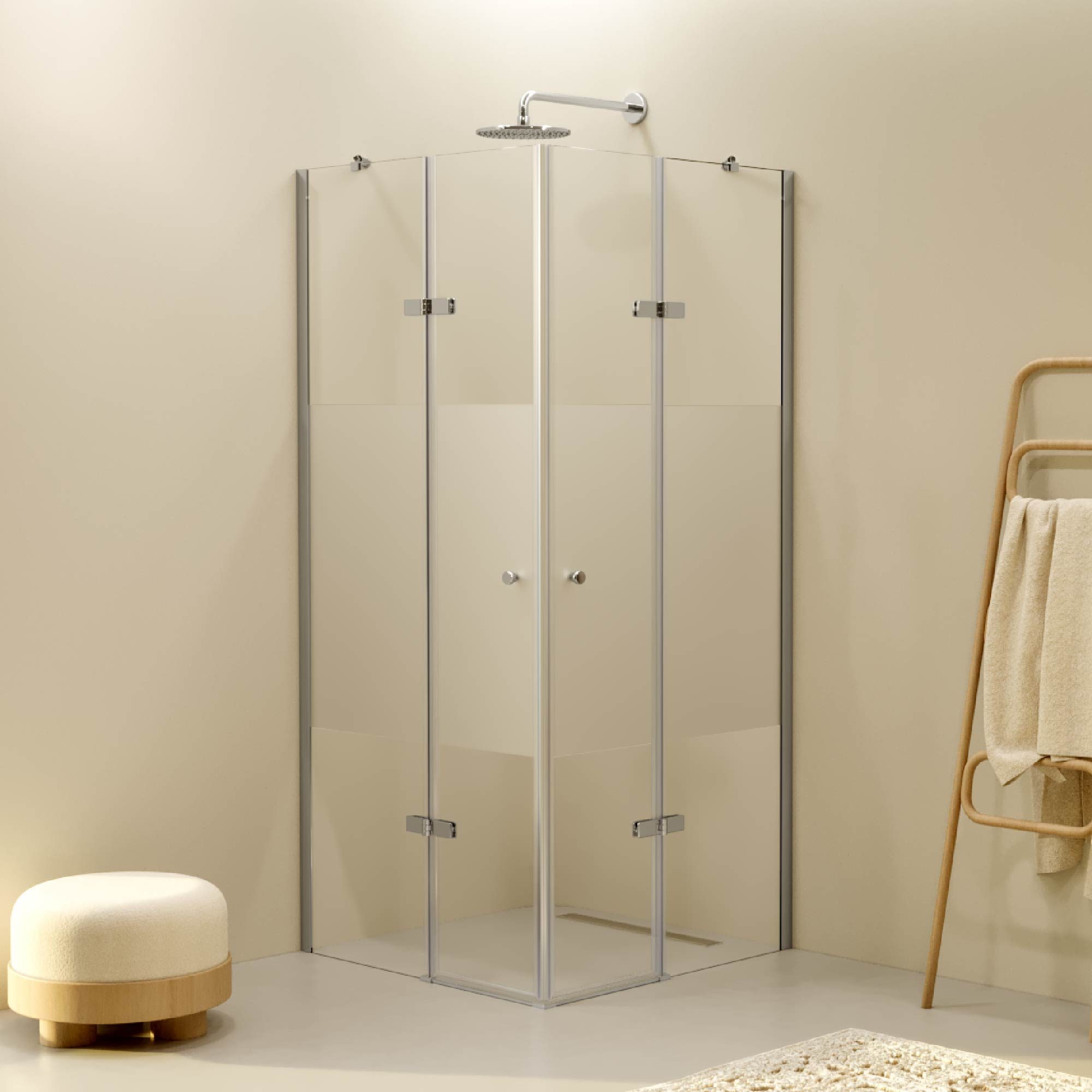 Corner Entry Alice with Folding Doors made of Partially Frosted ESG Safety Glass