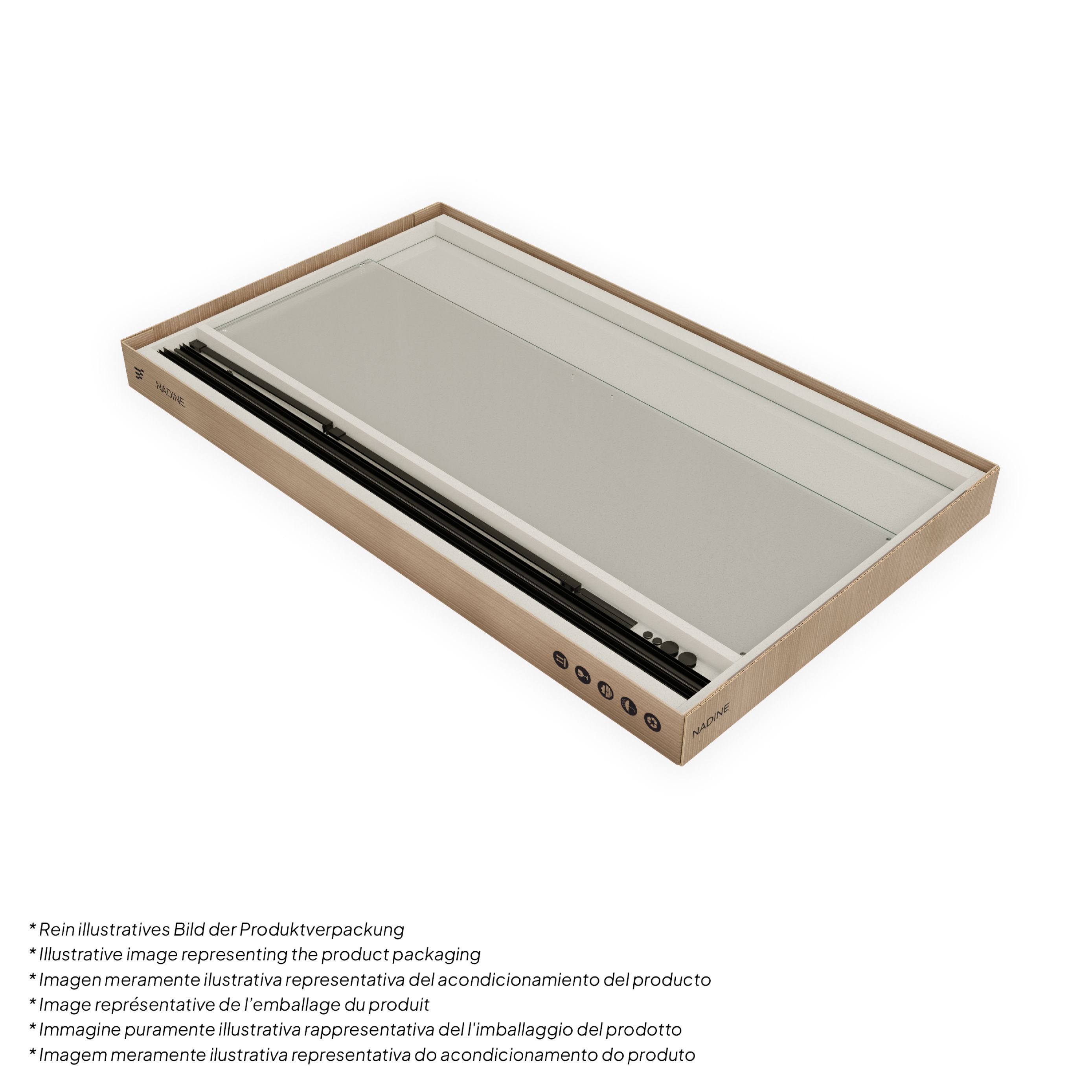 Front-entry NADINE with sliding door in black made of 8mm tempered clear glass.