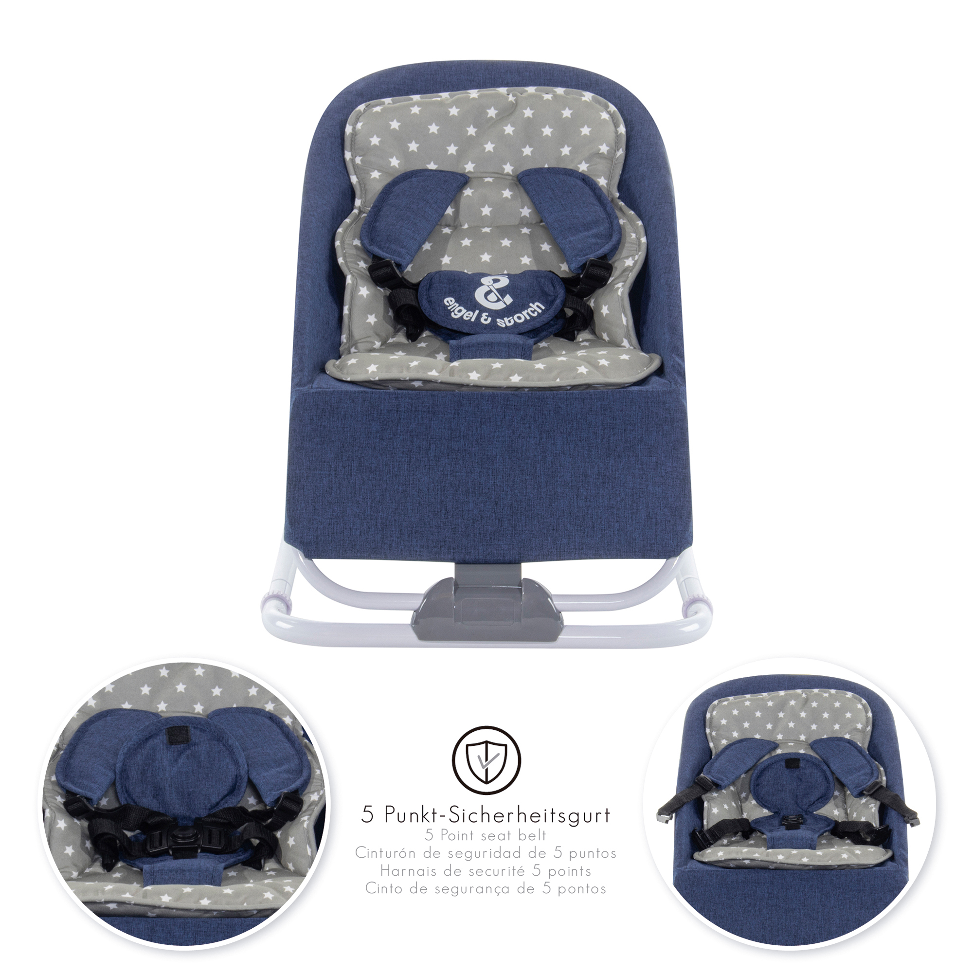 Babywippe VIENO mit abnehmbarem Bezug und Spielebogen Blau + Grau weiße Sterne