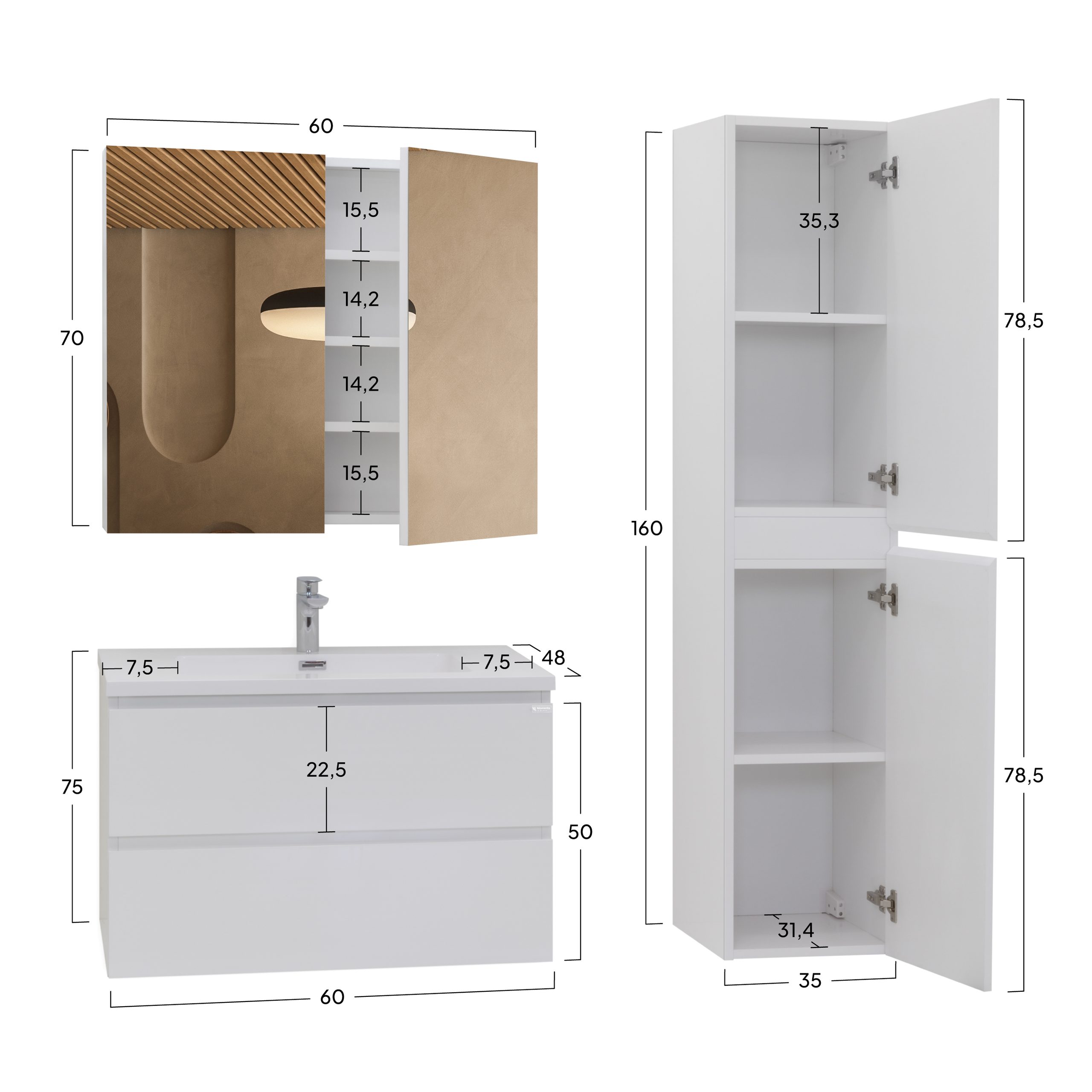 Badmöbel-Set Atena [60/80/100 cm] mit Mineralharz-Waschbecken in Hochglanz Weiß, Unterschrank mit Spiegel und hängendem Hochschrank zur Aufbewahrung 60 cm