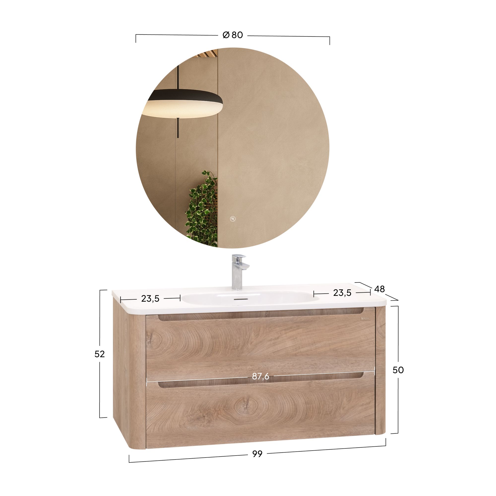 Badezimmermöbel Vesta – 100 cm Eiche hell, integriertes Waschbecken + LED-Spiegel Badezimmermöbel Vesta – 100 cm Eiche hell, integriertes Waschbecken + LED-Spiegel