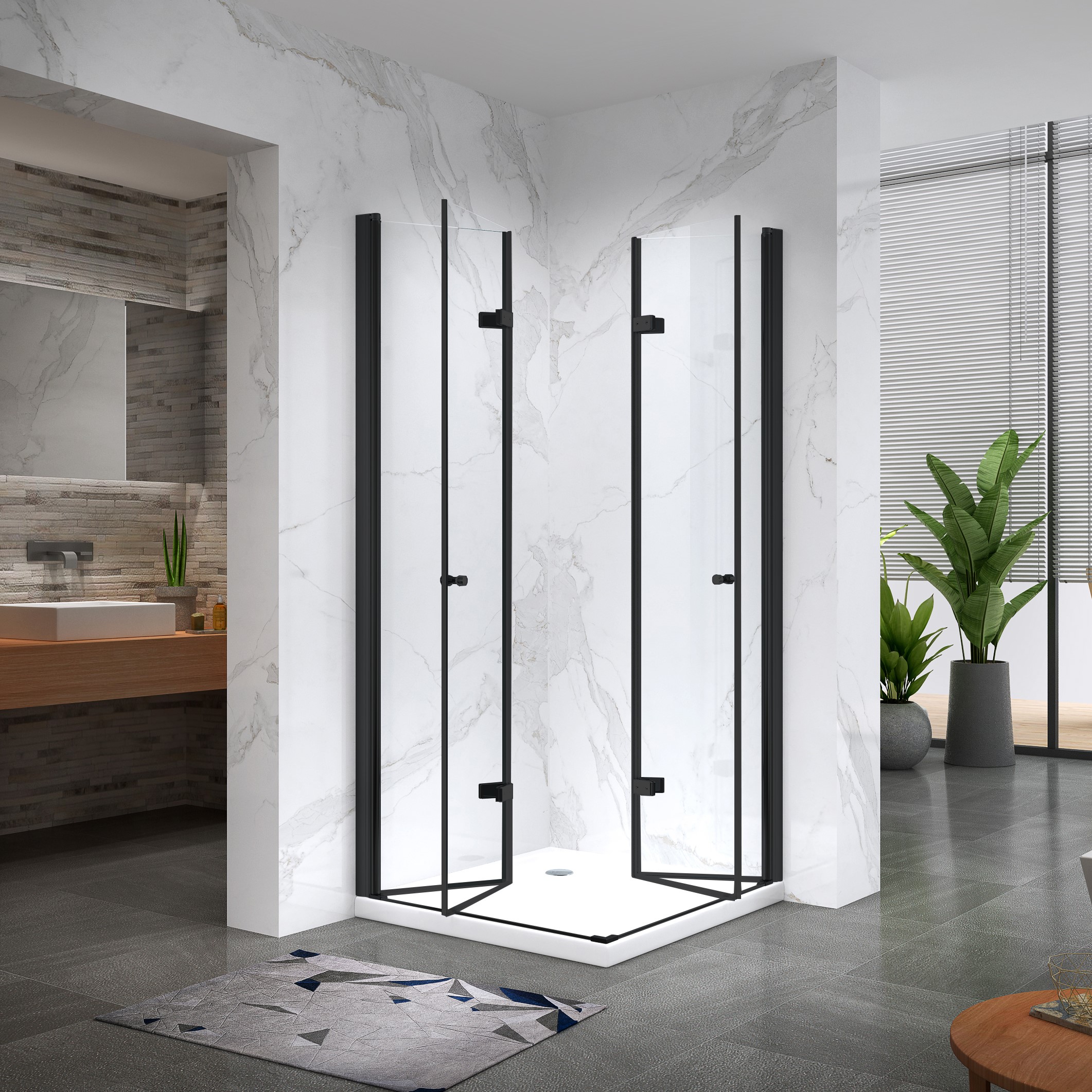 Eckeinstieg Emma BLACK mit Falttüren aus ESG Sicherheitsglas 70x75 cm-180 cm Eckeinstieg Emma BLACK mit Falttüren aus ESG Sicherheitsglas 70x75 cm-180 cm