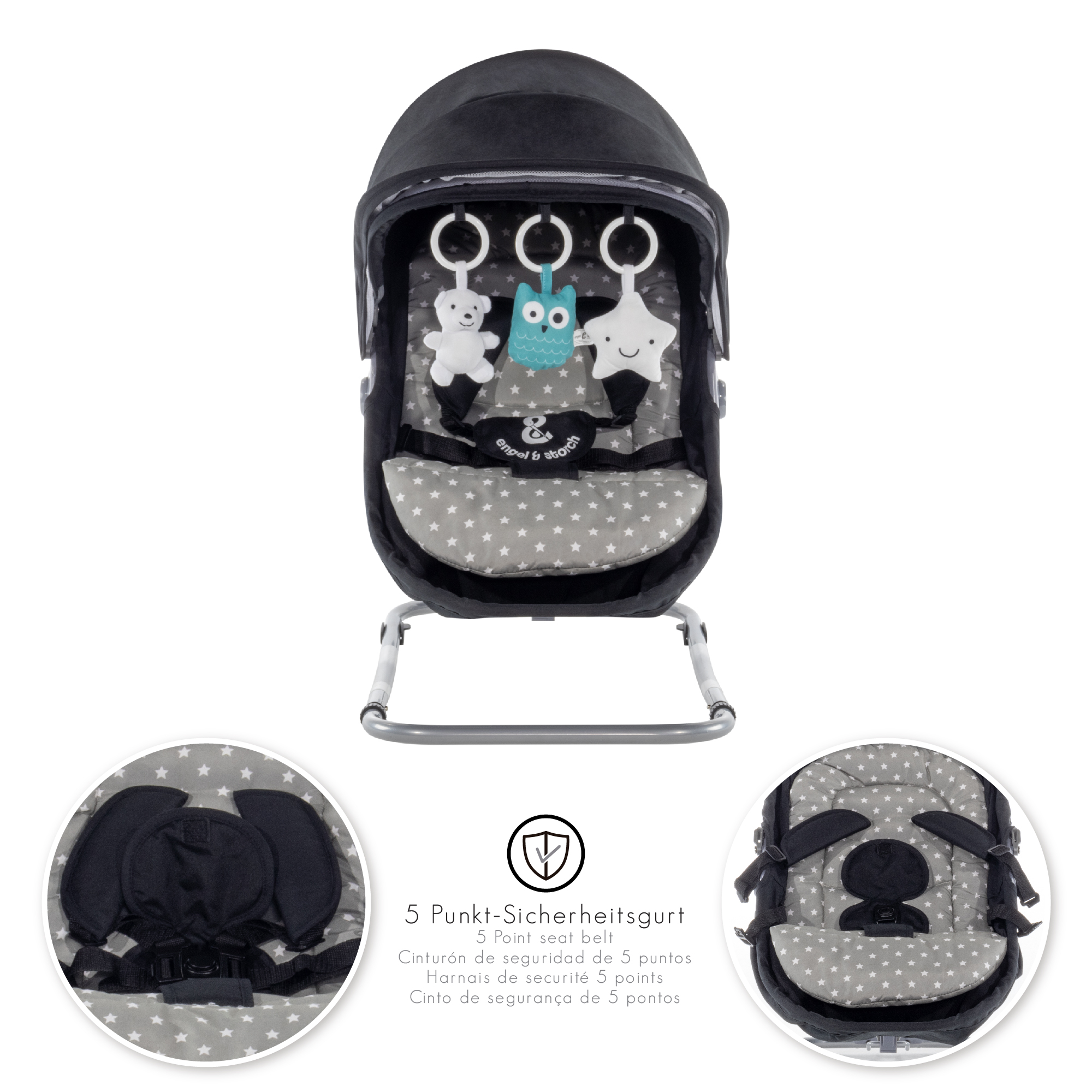 Babywippe PAVO mit Wiegenfunktion und Spielebogen Schwarz + Grau weiße Sterne