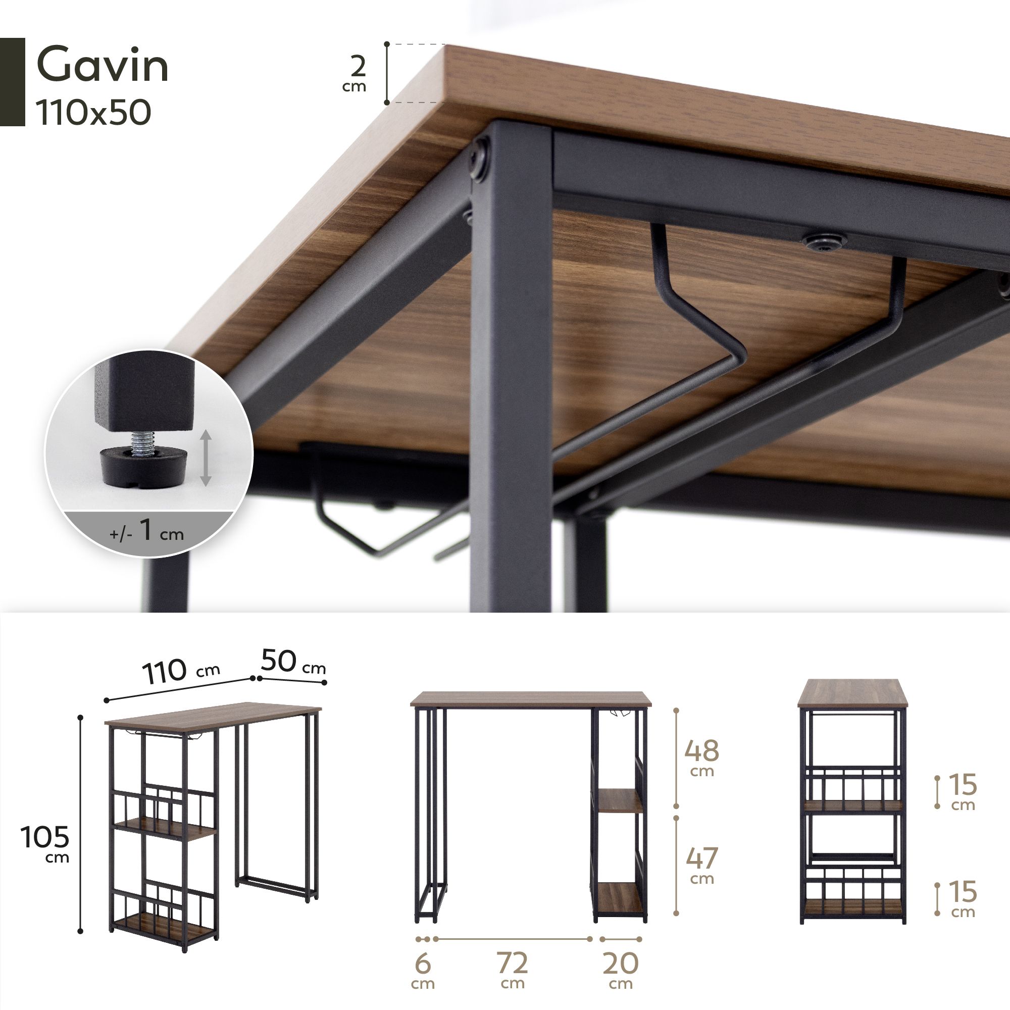 i-flair Stehtisch Bartisch Gavin – Stehtisch mit Stahlrahmen und 2 Ablageflächen & Glashalter Walnuß Bar – i-flair Standing Table Table Gavin – Standing Table with Steel Frame and 2 Shelves & Glass Holder in Walnut Finish