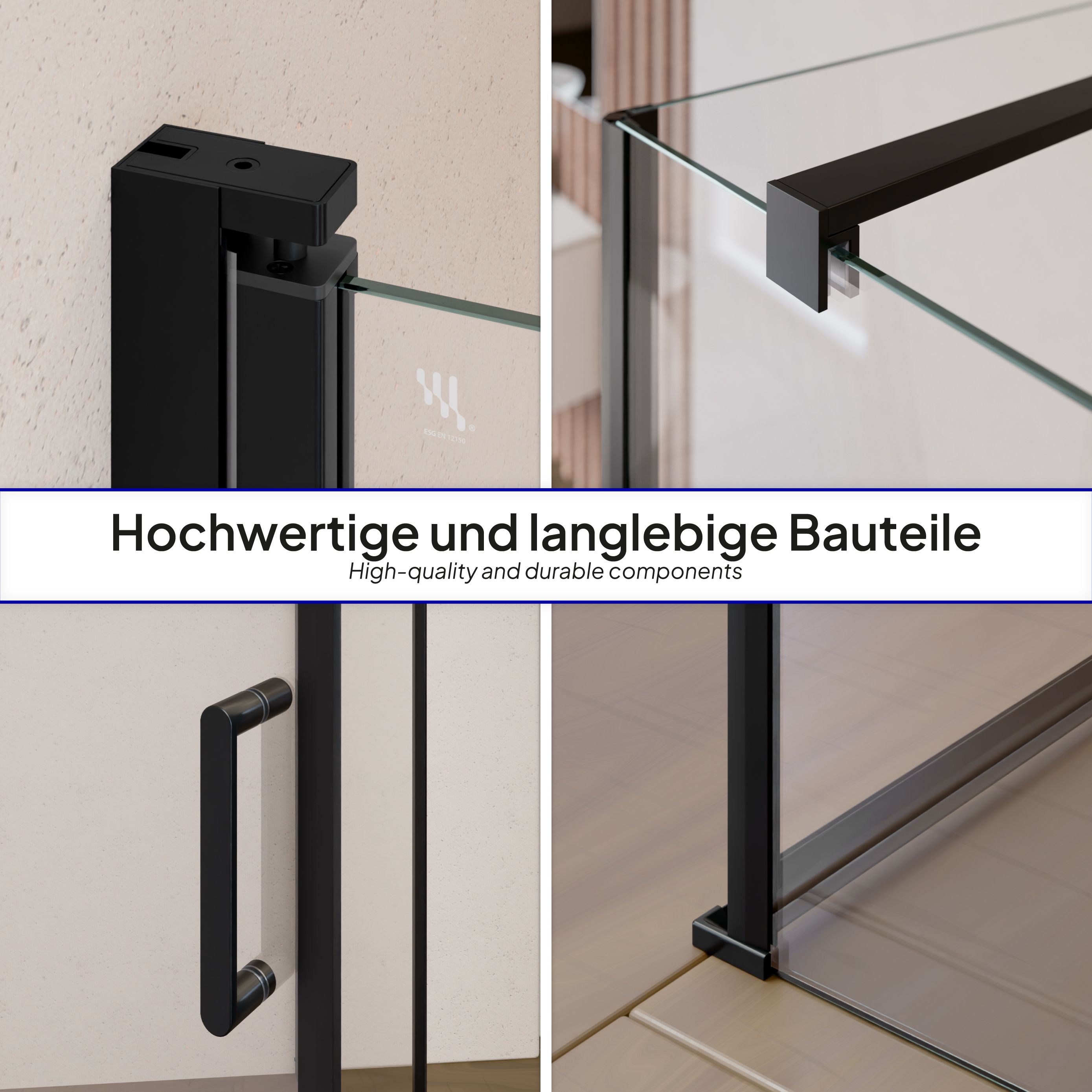 Front-entry Hellen with folding door and black profiles made of ESG safety glass. Hellen – Fronteinstieg mit Klapptür und schwarzen Profilen aus ESG Sicherheitsglas - Höhe: 190 cm