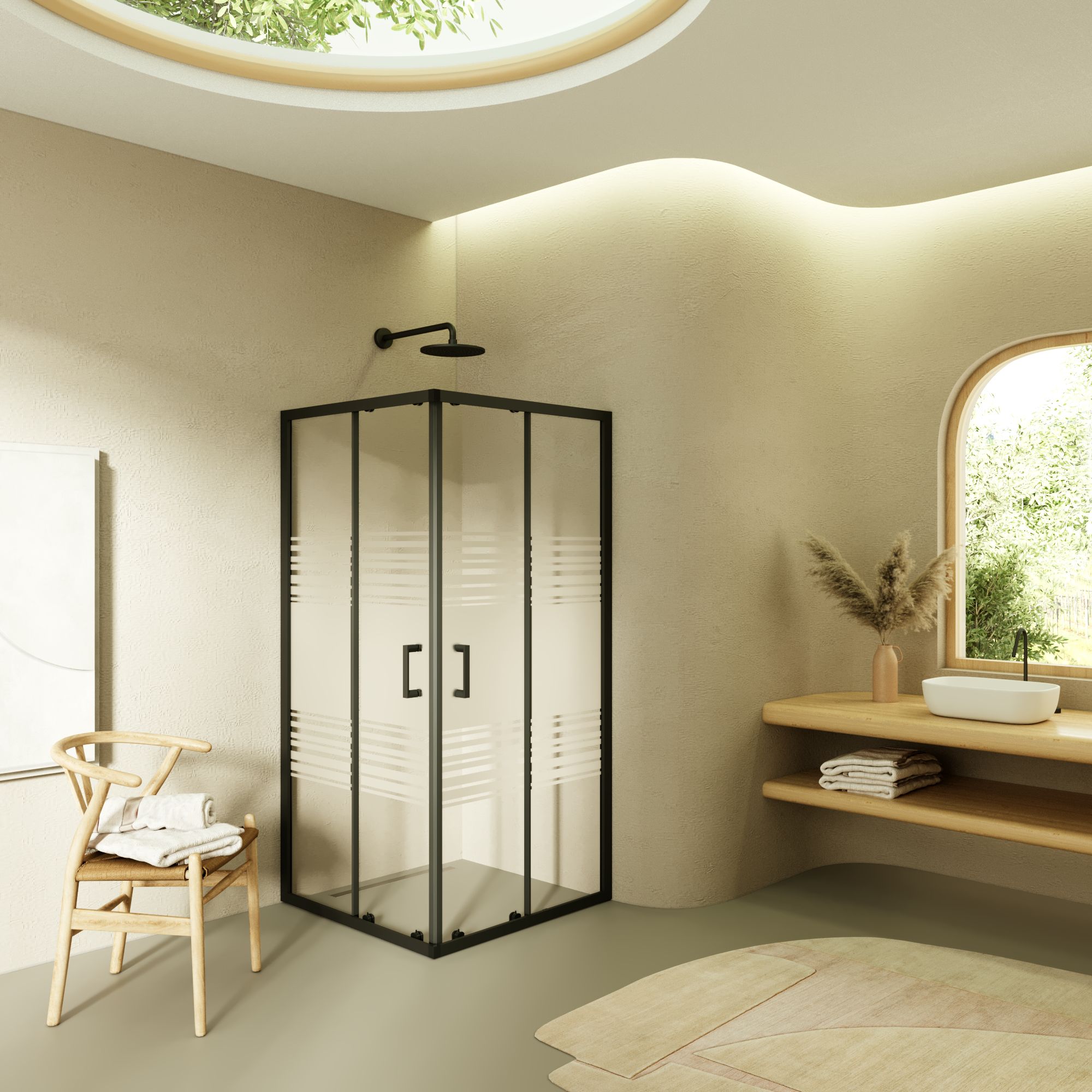 Eckeinstieg Danielle mit Schiebetüren aus teilsatiniertem ESG Sicherheitsglas Danielle – Corner entry with sliding doors made of partially frosted ESG safety glass.