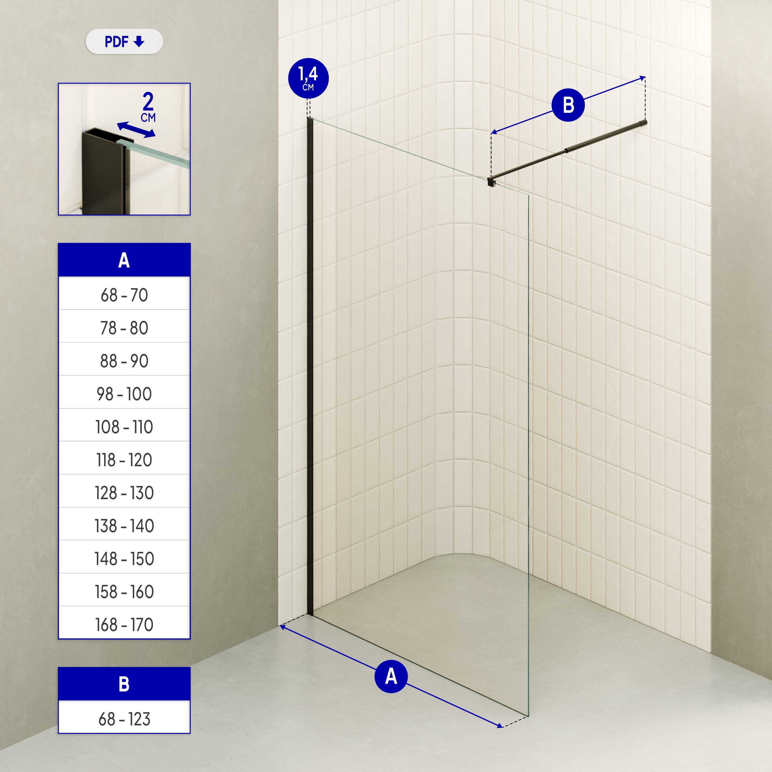 Walk-In Shower Fiona made of 10 mm thick ESG safety glass and black aluminum profile. Walk-In Shower Fiona made of 10 mm thick ESG safety glass and black aluminum profile.