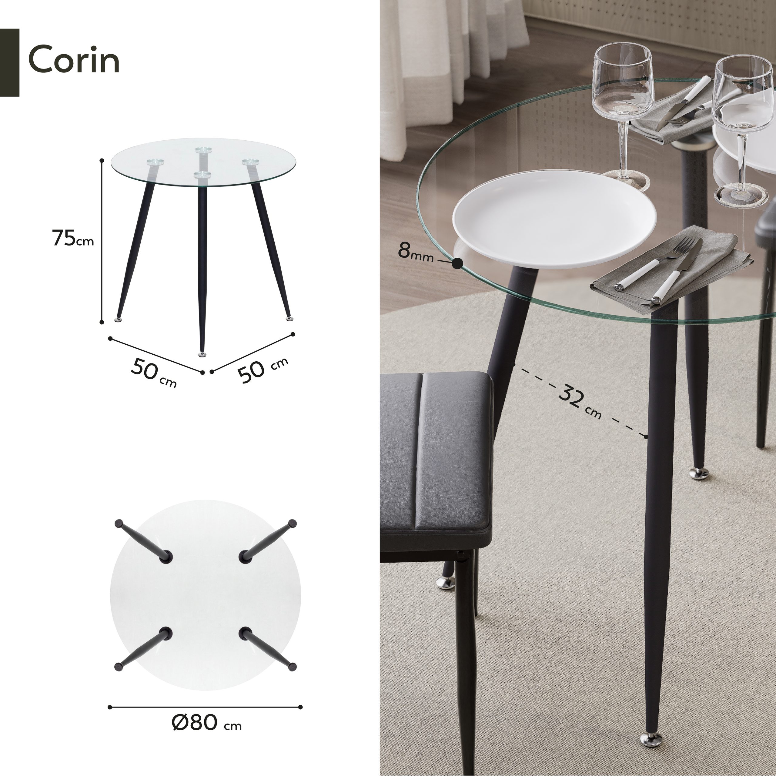 CORIN – Esszimmer-Tisch | Tischplatte: Transparentes Glas | Beine: Schwarz