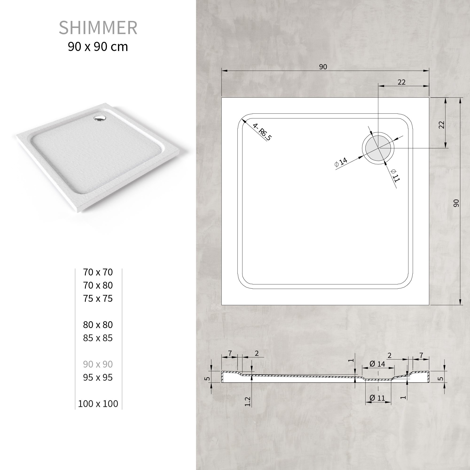 Shimmer – Duschwanne STONE aus Sanitäracryl inkl. Ablaufgarnitur - Schwarz