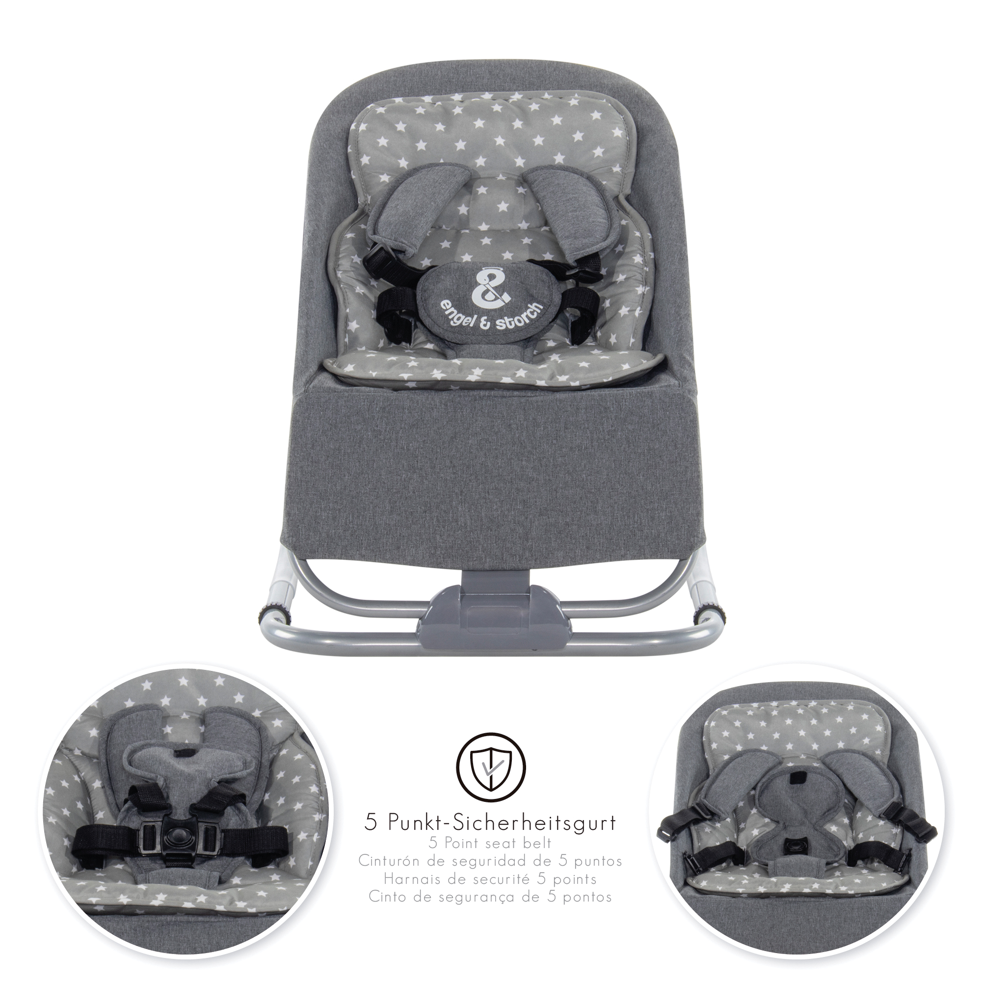 VIENO Baby bouncer with removable cover and play arch Babywippe VIENO mit abnehmbarem Bezug und Spielebogen Grau + Grau weiße Sterne