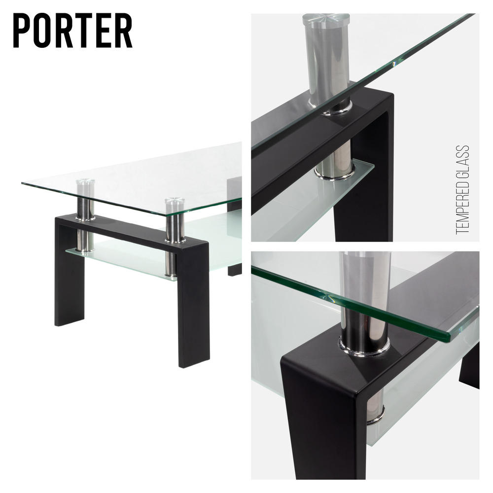 Couchtisch PORTER aus Glas/Metall mit schwarzem Holz Couchtisch PORTER aus Glas/Metall mit schwarzem Holz