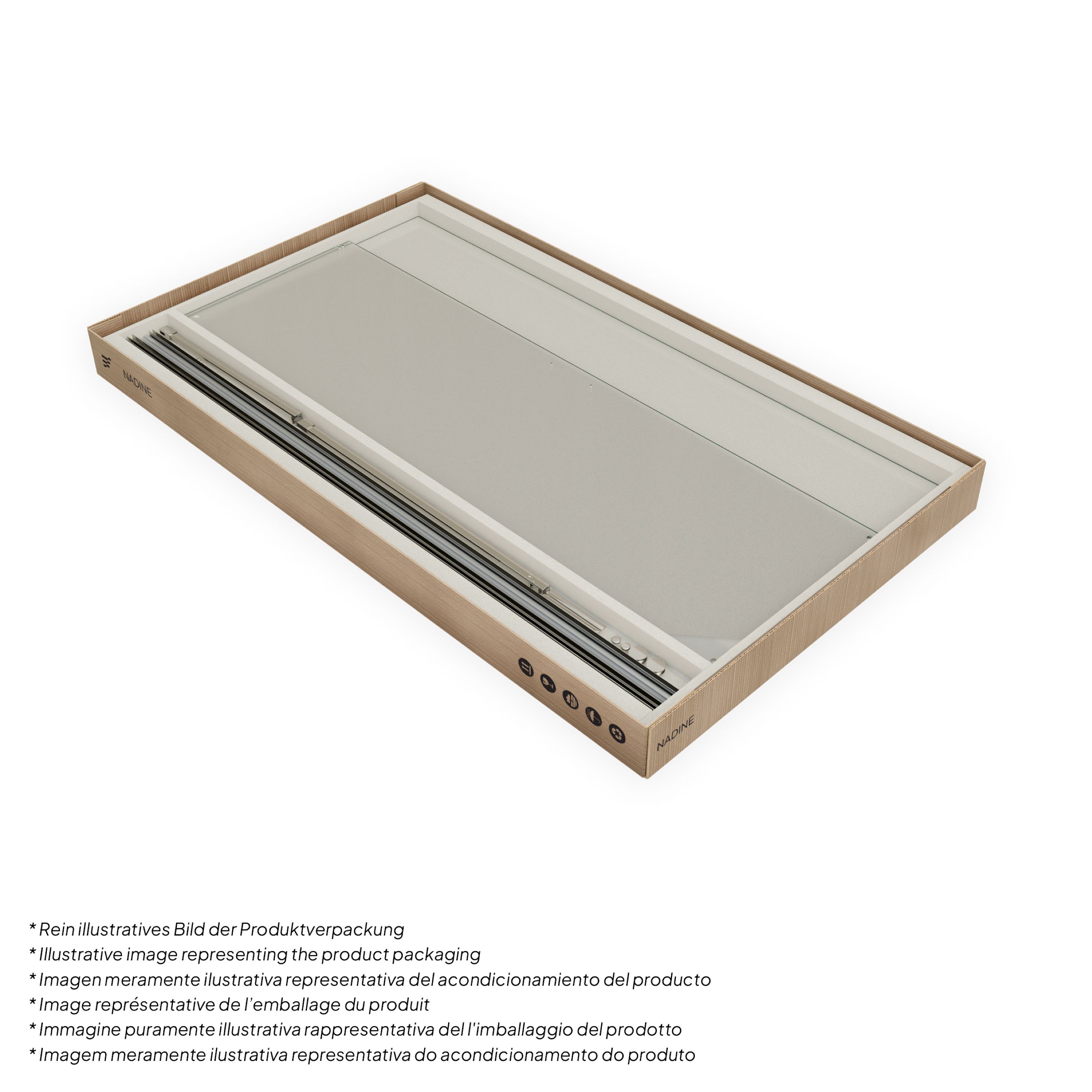 Front-entry NADINE with sliding door in chrome made of 8mm tempered clear glass.