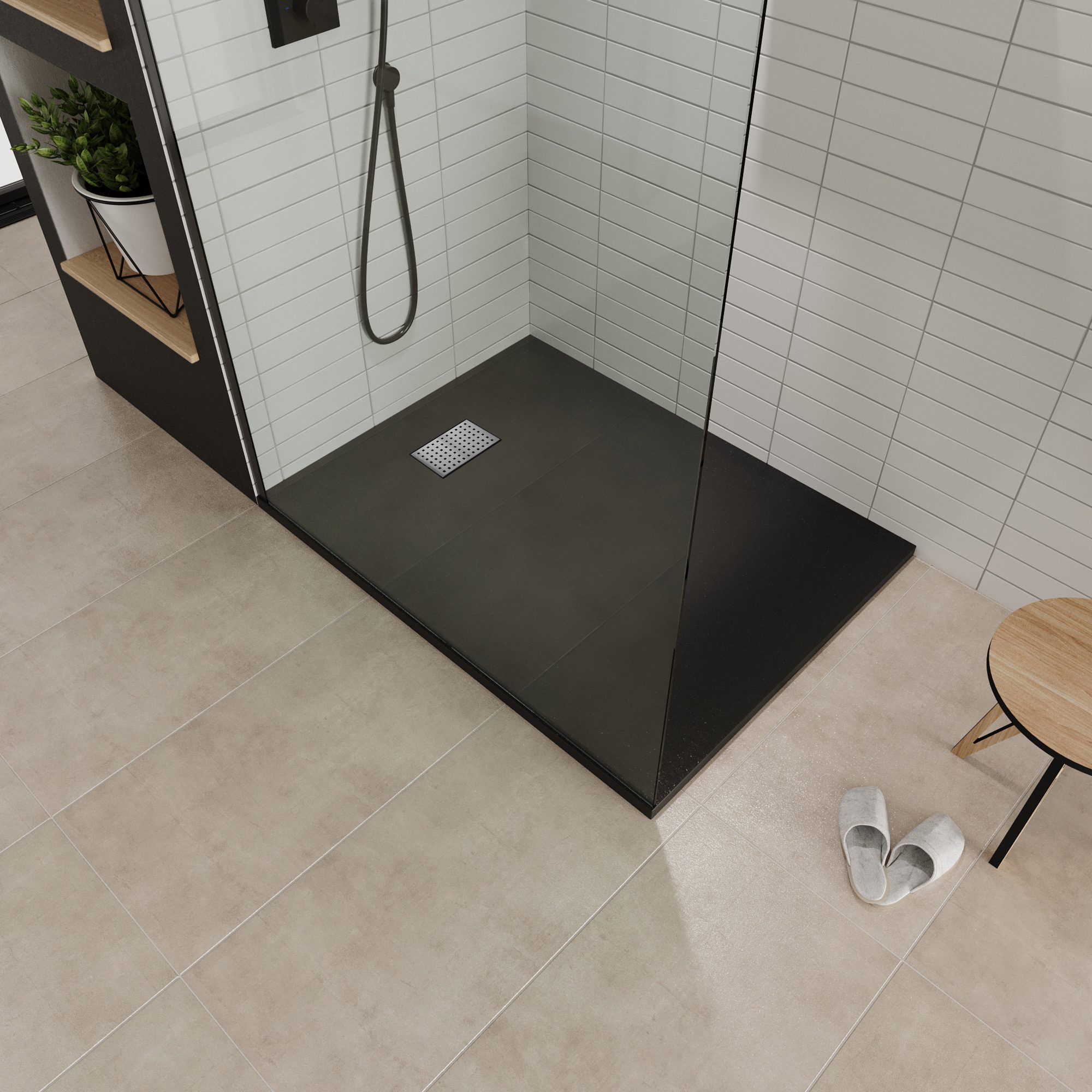 SMC Duschwanne Boreal INOX in Stein-Optik inkl. Ablaufgarnitur und Edelstahldeckel - Schwarz