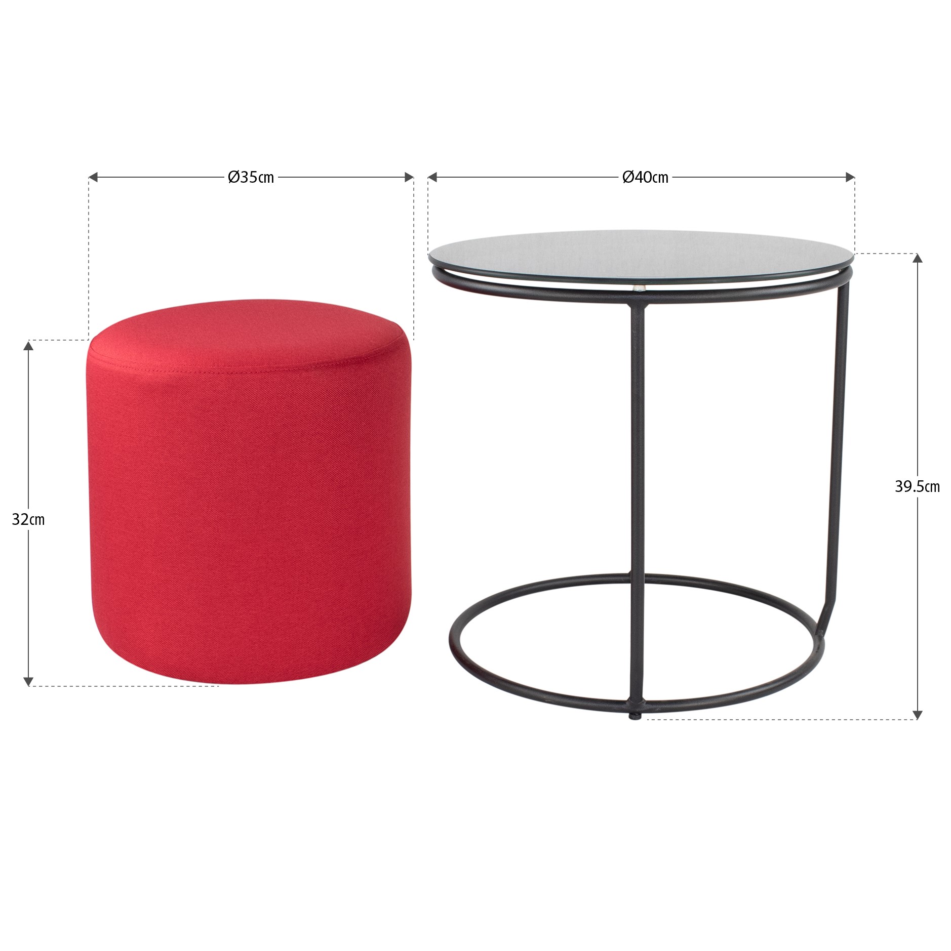 Beistelltisch mit Hocker JASPER runder Couchtisch 40x40 cm Schwarz-Rot N5