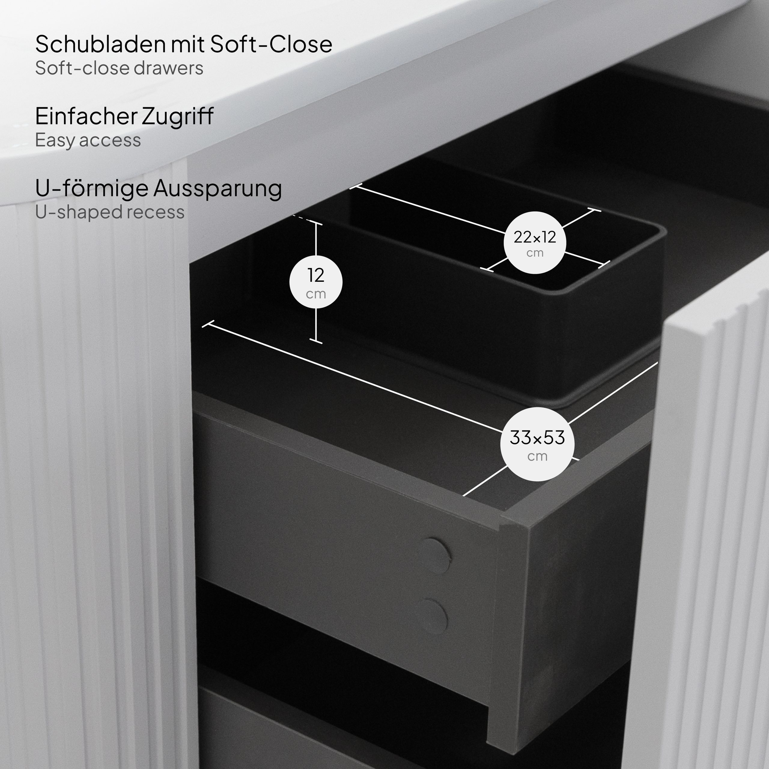 Badmöbel-Set Maia White, wandhängend, mit Steinplatte und Waschtisch aus Mineralguss sowie LED-Spiegel mit Antibeschlagfunktion, gerillte Textur