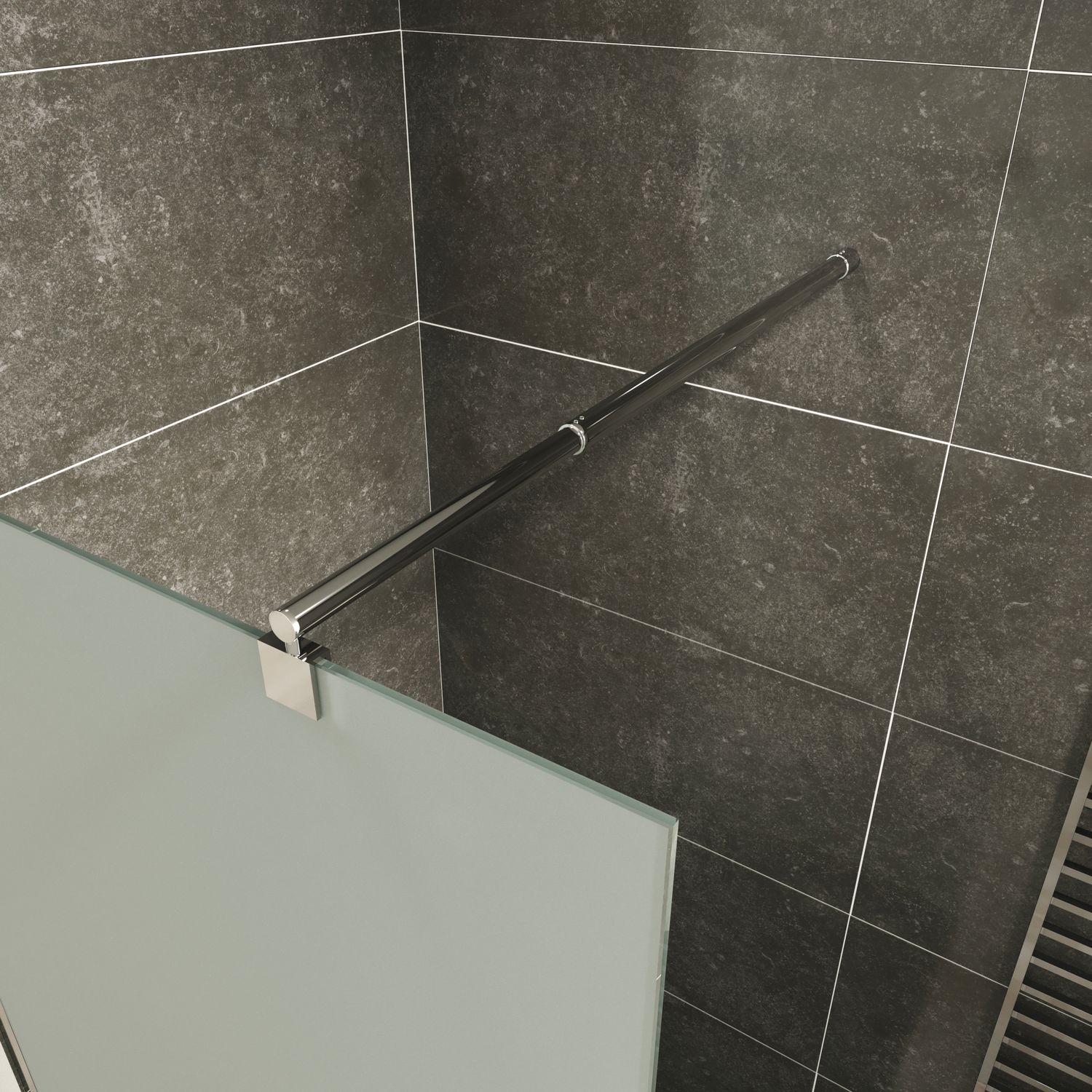 Walk-In Shower Fiona made of 10 mm thick frosted ESG safety glass and stainless steel profile. Walk-In Shower Fiona made of 10 mm thick frosted ESG safety glass and stainless steel profile.