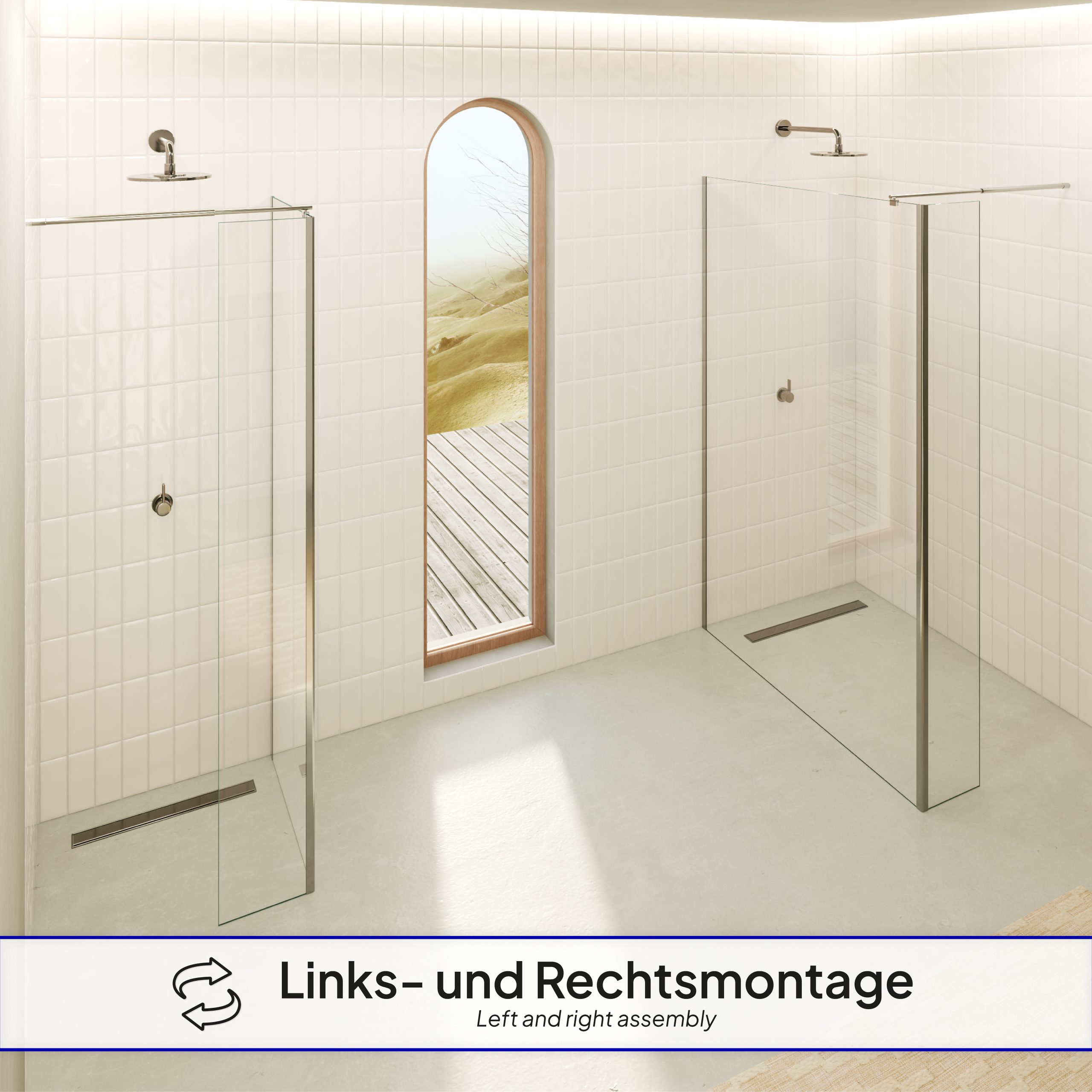 FIONA – Walk In Dusche aus 10 mm klarem ESG Sicherheitsglas mit Spritzschutz