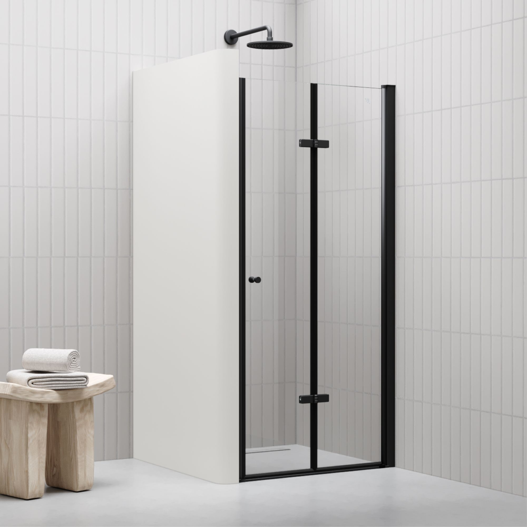 Duschtür Mila mit Falttür aus klarem ESG Sicherheitsglas BLACK EDITION