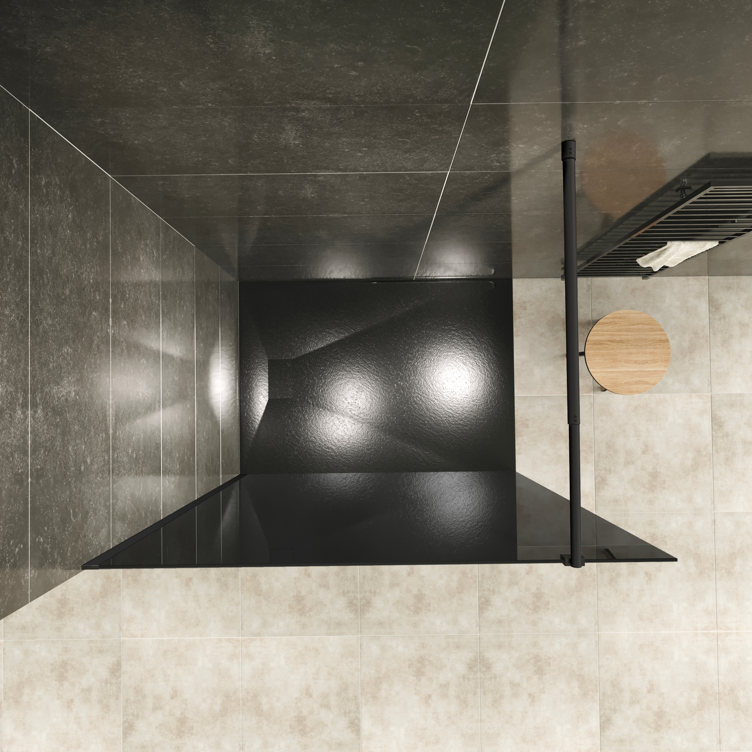 Walk In Duschabtrennung FIONA BLACK aus 10 mm starkem grauem ESG Sicherheitsglas Walk-In Shower Fiona made of 10 mm thick gray ESG safety glass and black aluminum profile.