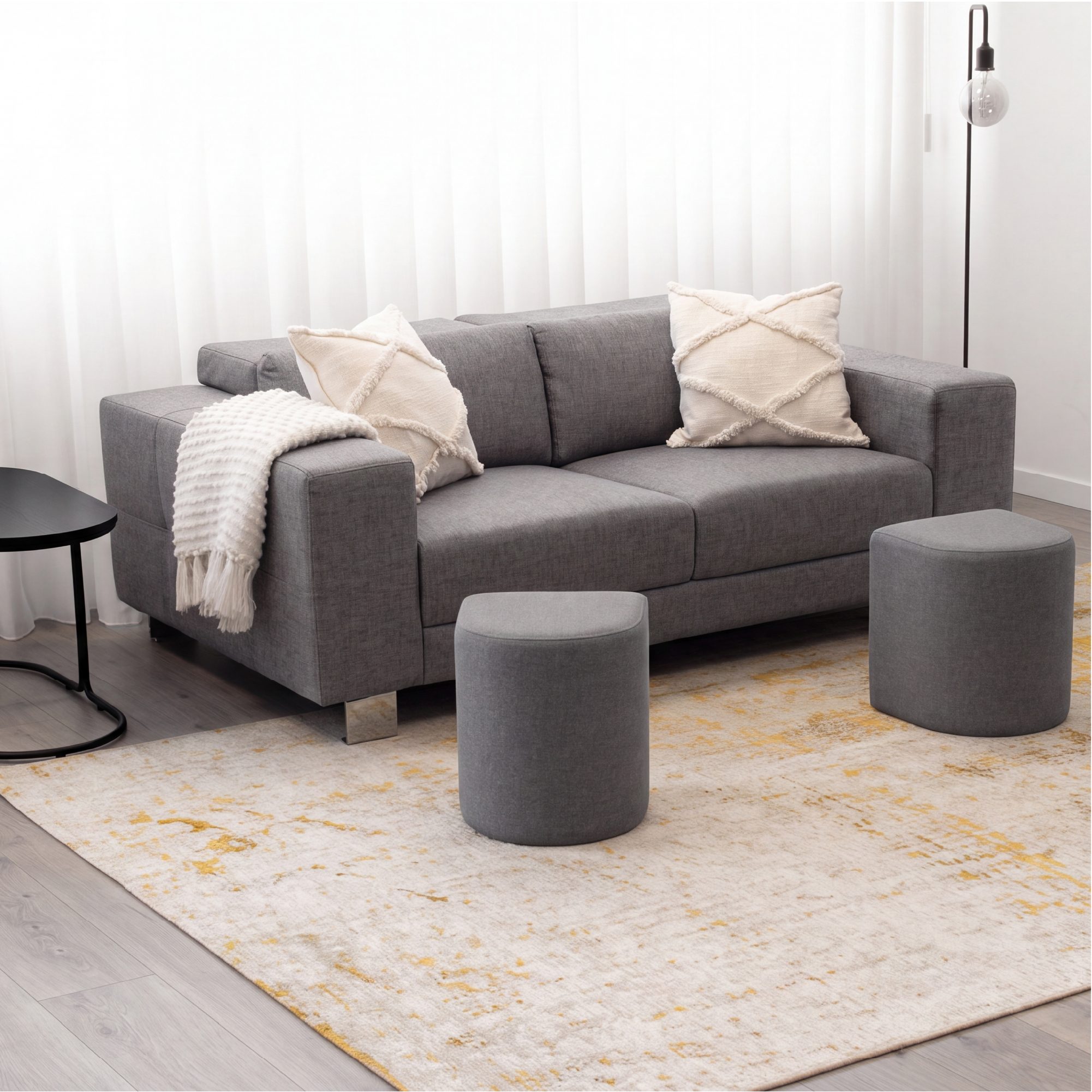 Couchtisch DUNCAN mit 2 Sitzmodulen | Tischplatte in schwarzer Holzoptik und Metallgestell