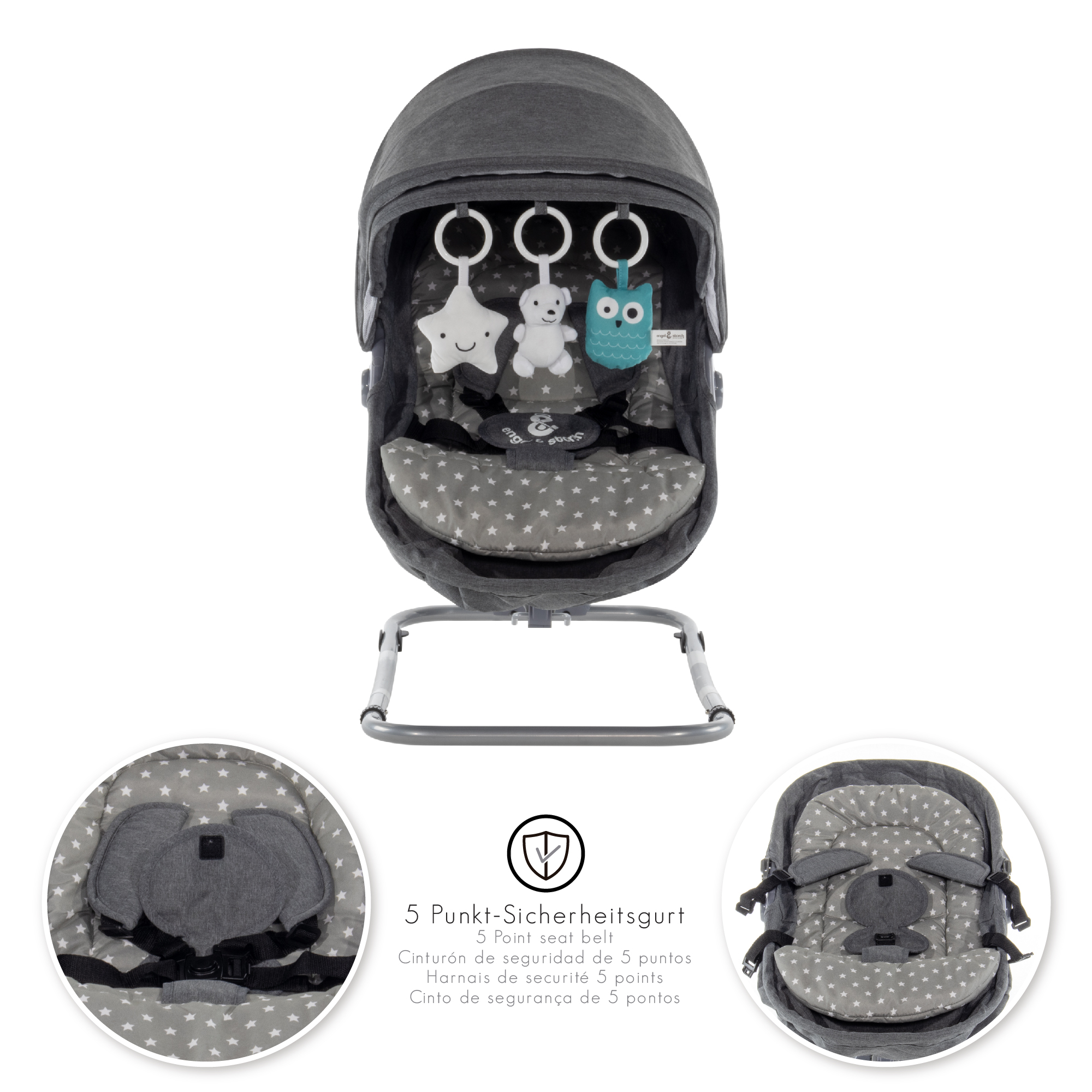Babywippe PAVO mit Wiegenfunktion und Spielebogen Grau + Grau mit weißen Sterne