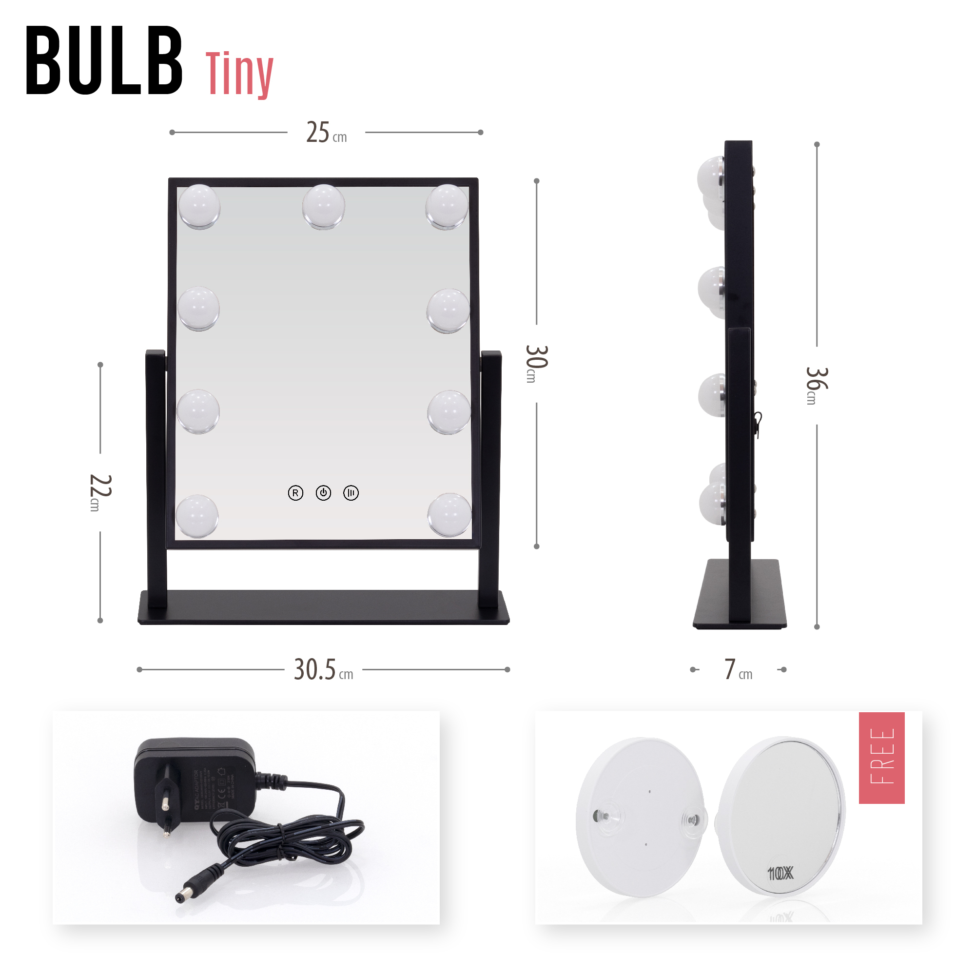 Schminkspiegel Bulb TINY mit 9 dimmbaren LED-Lampen Schwarz TINY – Schminkspiegel Bulb mit 9 dimmbaren LED-Lampen Schwarz