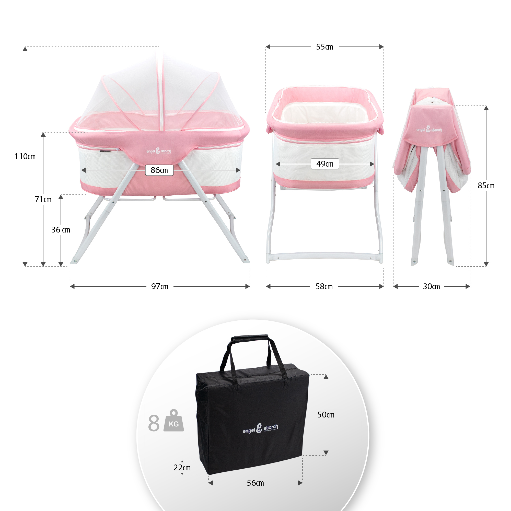 Reisebett BEBITO inkl. Moskitohaube und Tragetasche Pink