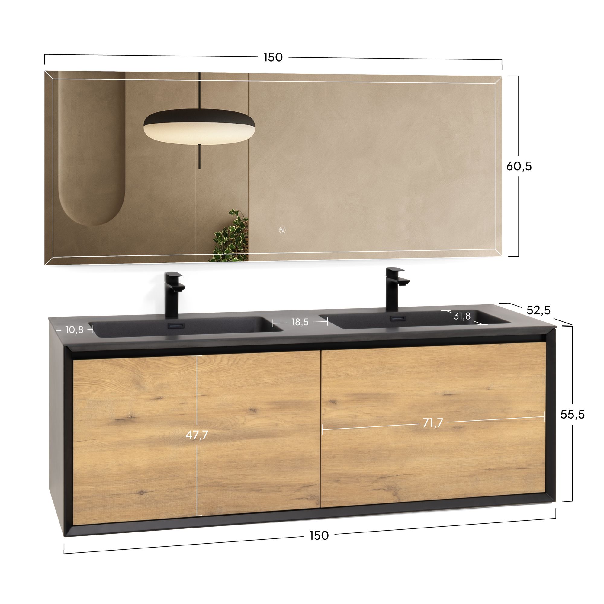 Badmöbelset Fidia mit Doppelwaschtisch – Schwarz Matt & Eiche, LED-Antibeschlagspiegel, 150/190 cm