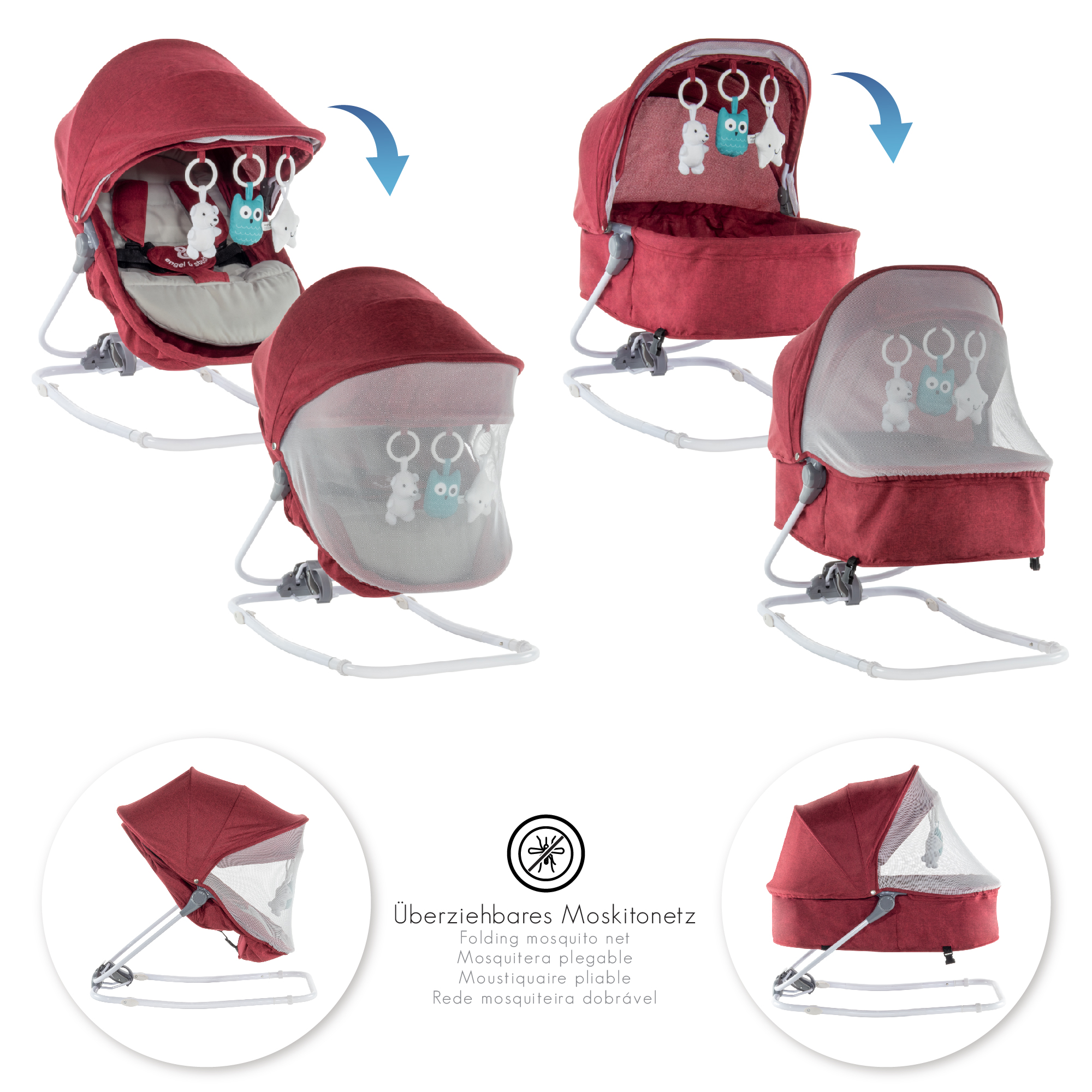 Babywippe PAVO mit Wiegenfunktion und Spielebogen Rot + Grau Babywippe PAVO mit Wiegenfunktion und Spielebogen Rot + Grau