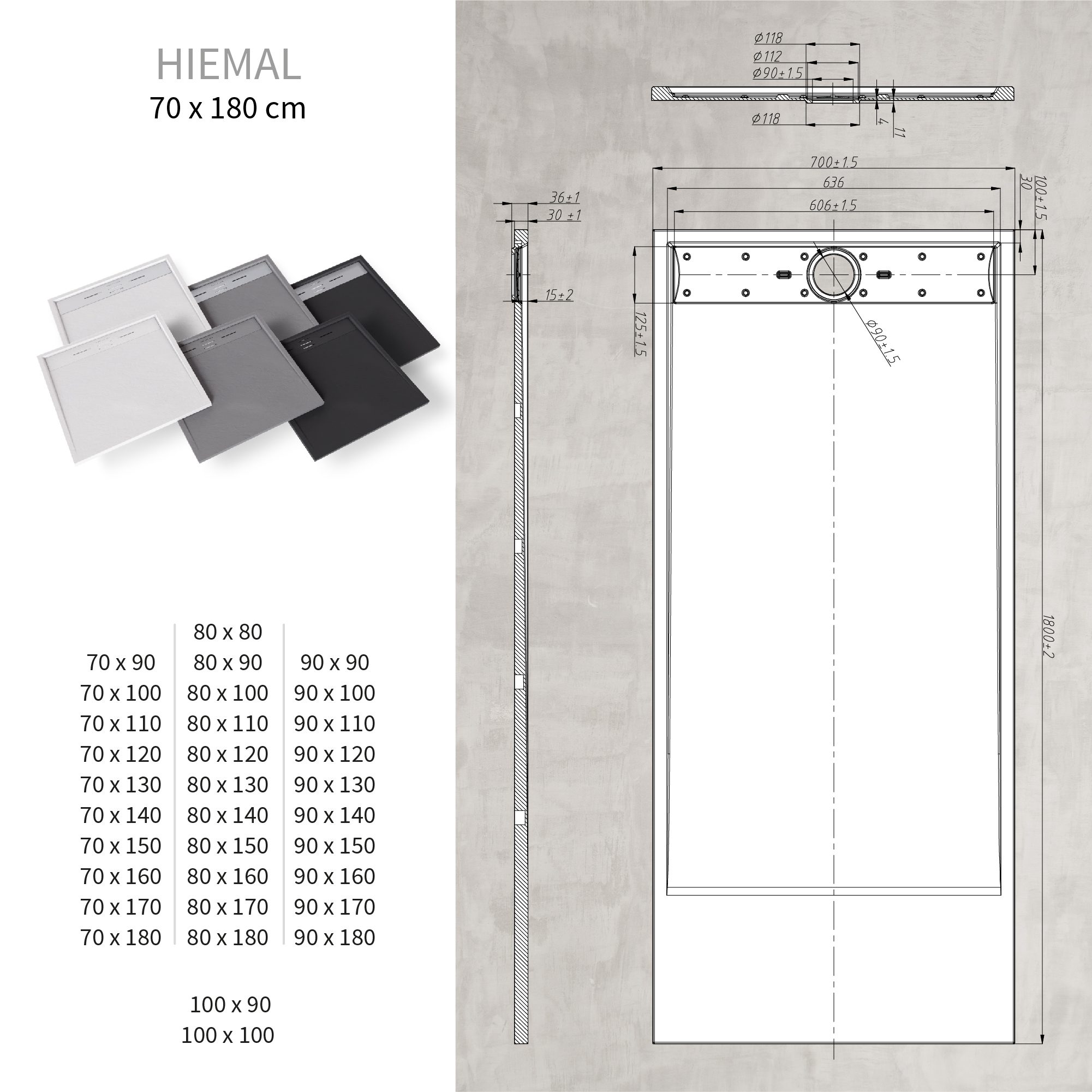 SMC Shower Tray Hiemal in Slate Finish, including White Drain Assembly with Stainless Steel Cover