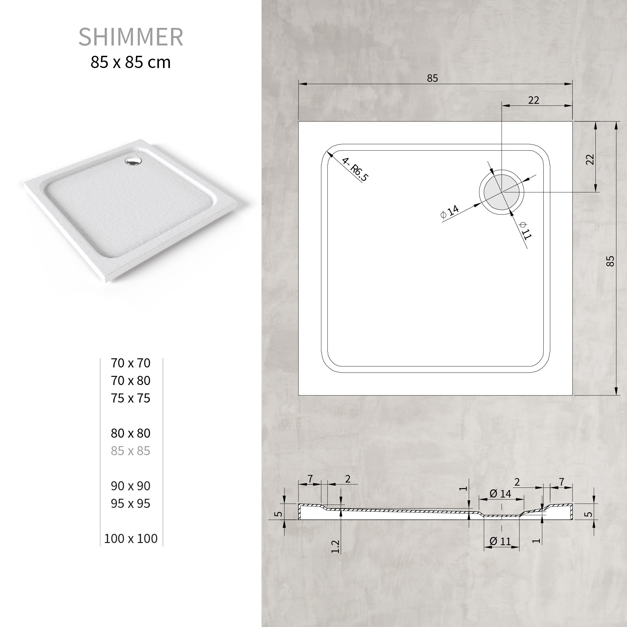 Shimmer – Duschwanne STONE aus Sanitäracryl inkl. Ablaufgarnitur - Grau