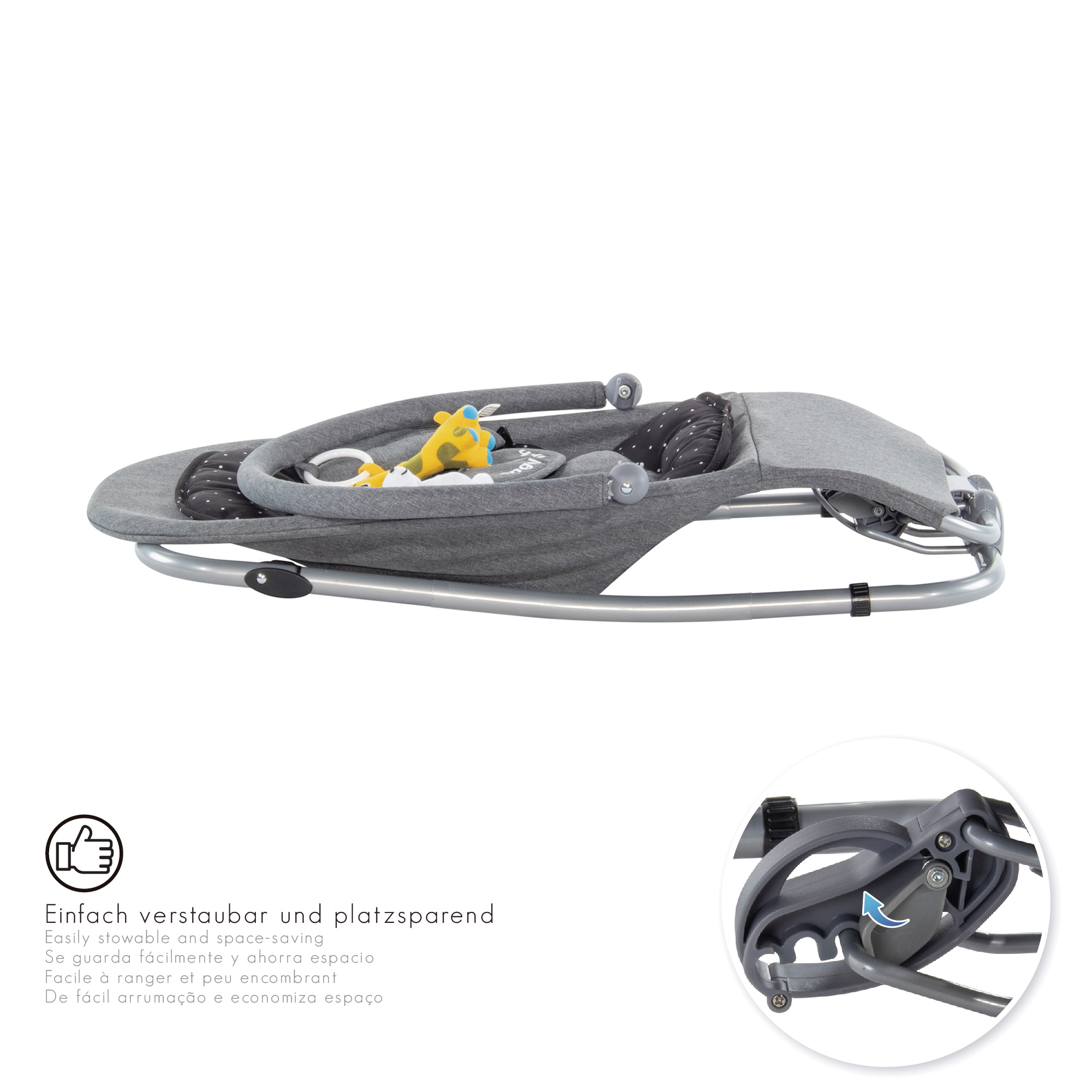 Babywippe VIENO mit abnehmbarem Bezug und Spielebogen Grau + Schwarz weiße Punkte