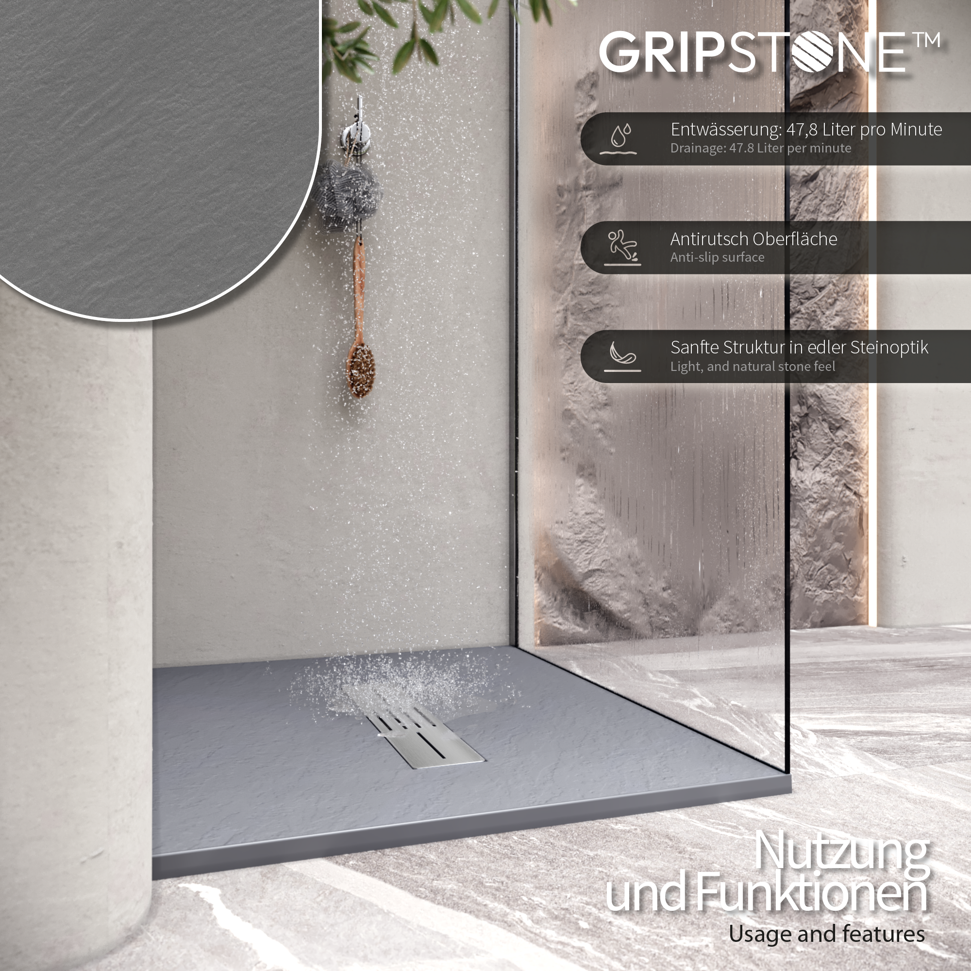 03-Usage-DE.png SMC Duschwanne Lumia in Schieferoptik inkl. Ablaufgarnitur Grau