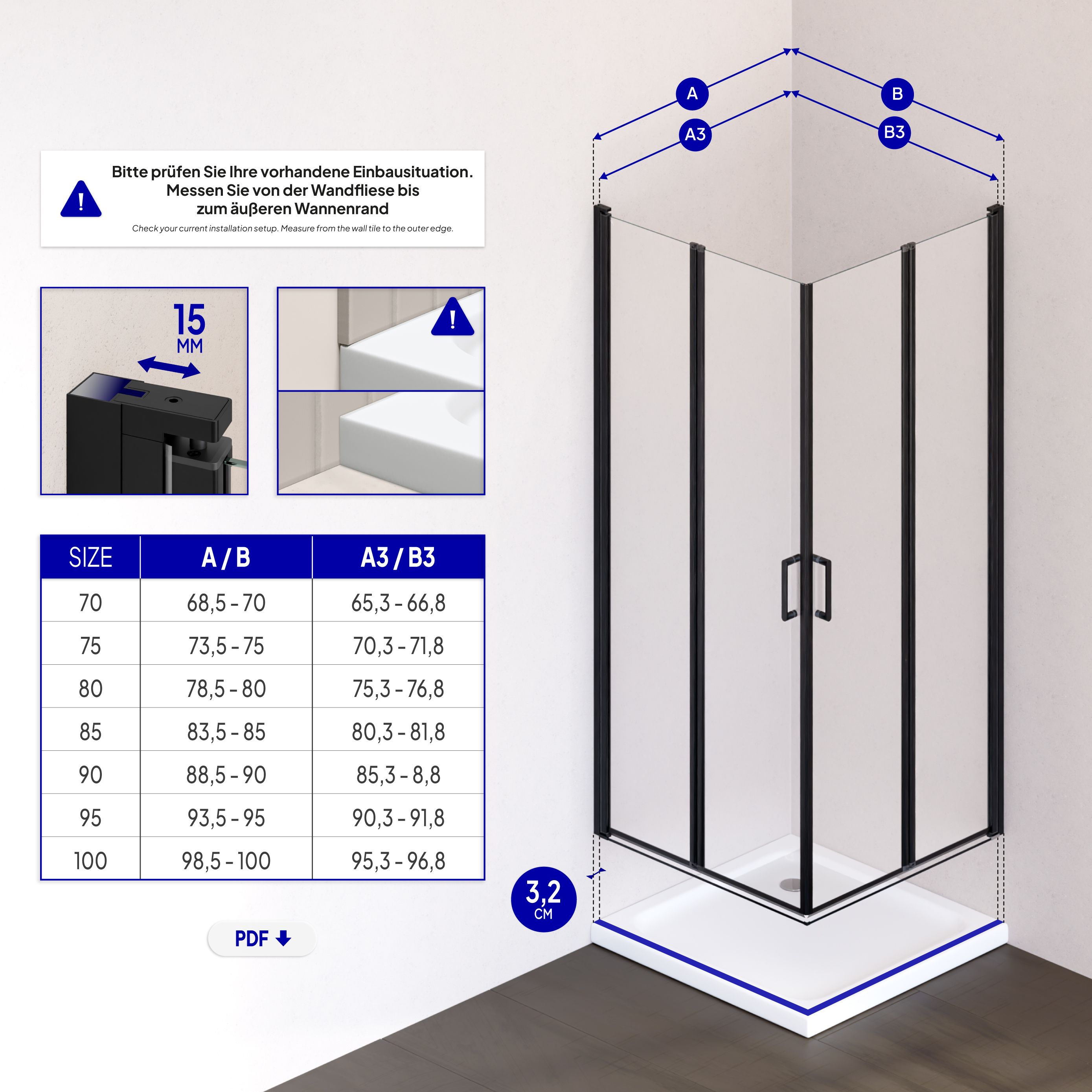 Corner entry Alina with folding doors and black profiles made of ESG safety glass.