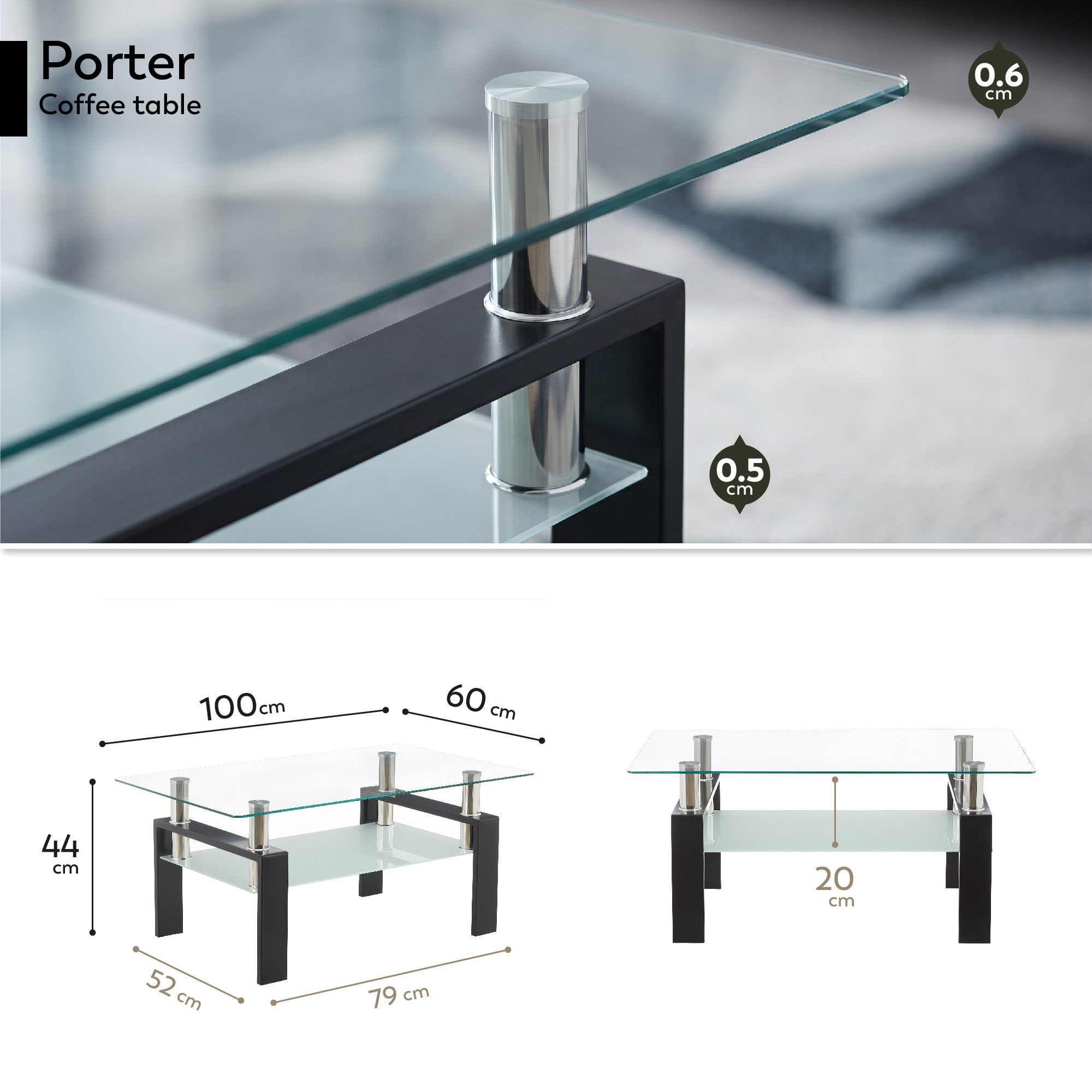 Coffee Table PORTER in Glass/Metal with Black Wood