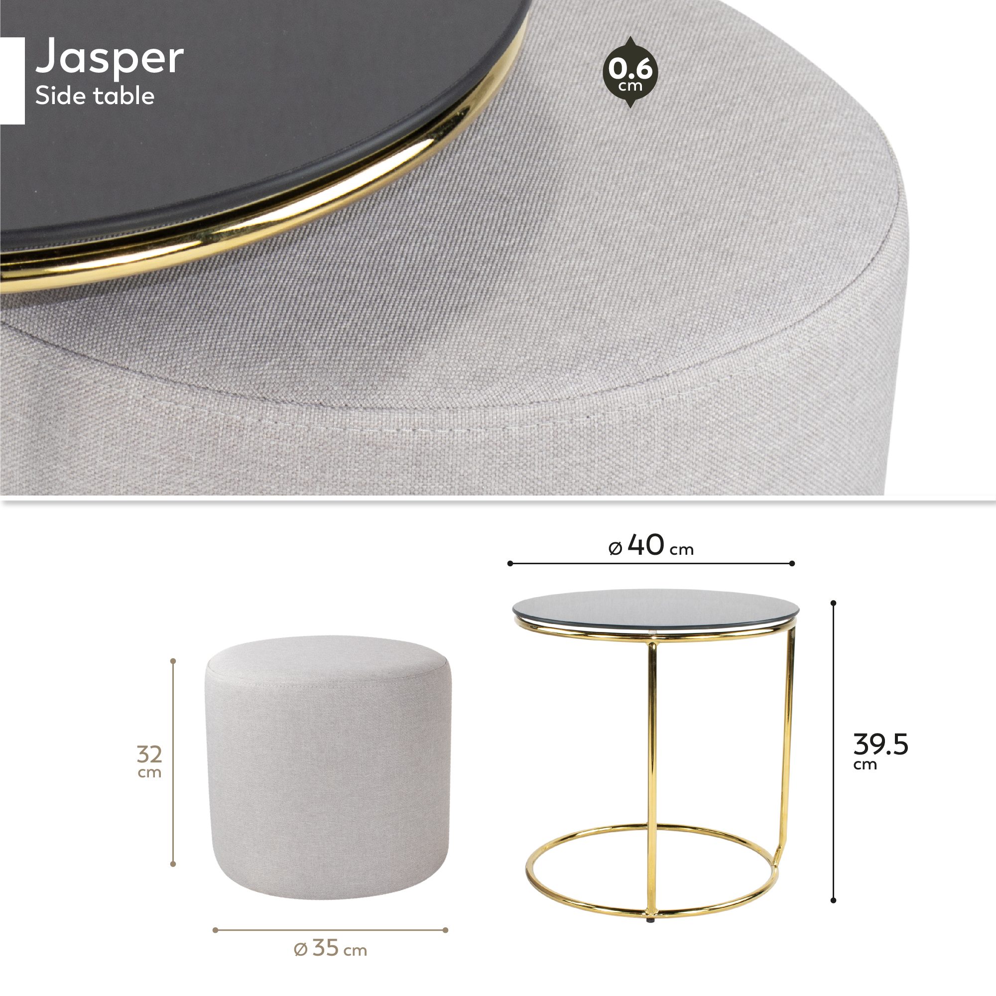 Side Table with Stool JASPER Round Coffee Table 40x40 cm Gold-Grey N8