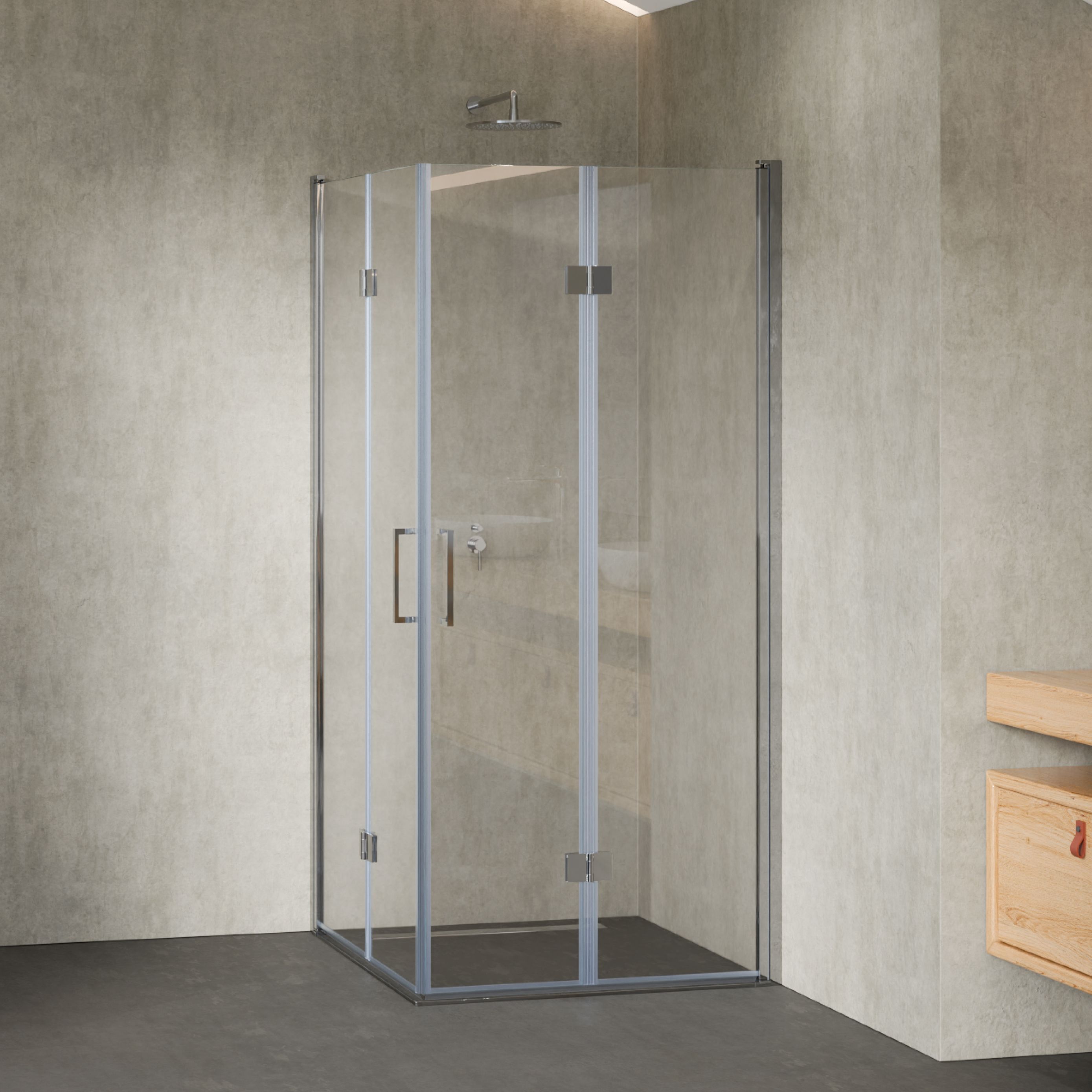 Corner entry Belle with folding doors made of 6mm tempered safety glass Corner entry Belle with folding doors made of 6mm tempered safety glass