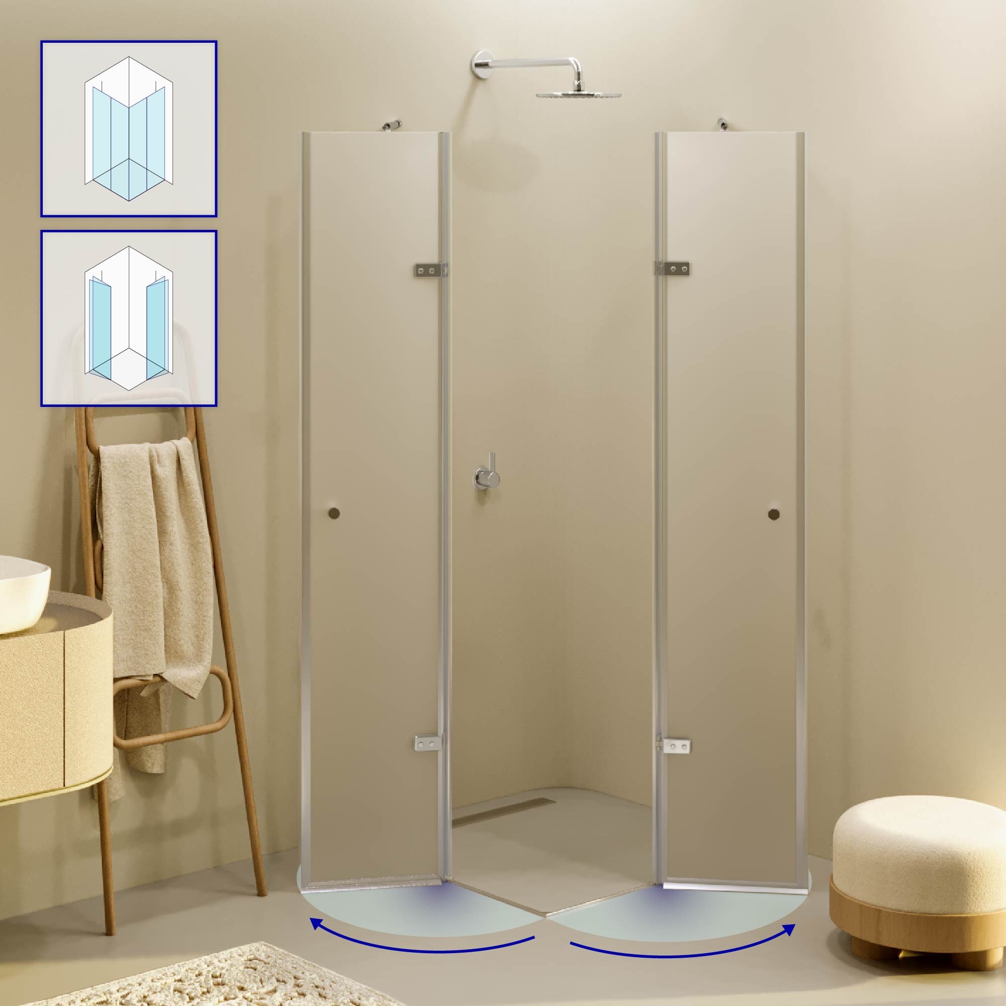 Corner Entry Alice with Folding Doors Made of Satinated ESG Safety Glass