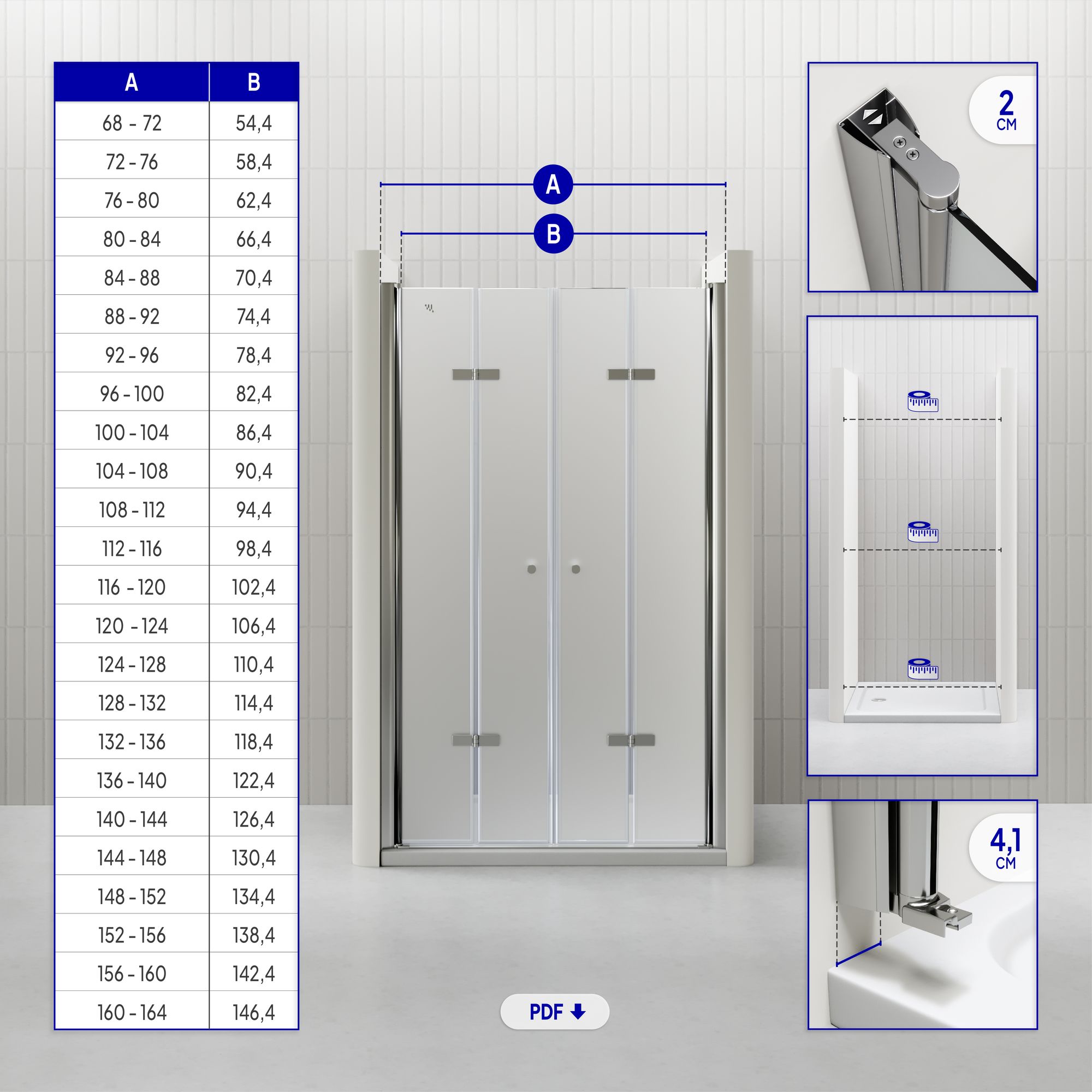 Duschtür Lena mit Falttüren aus satiniertem ESG Sicherheitsglas Duschtür Lena mit Falttüren aus satiniertem ESG Sicherheitsglas