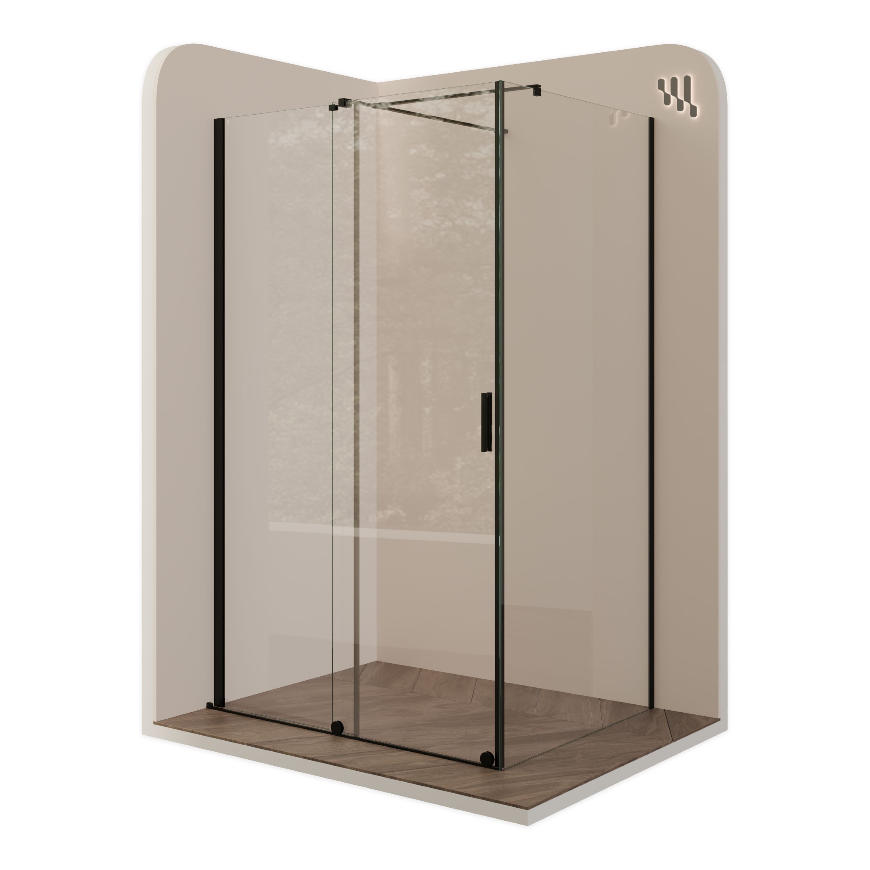 Front-entry NADINE with sliding door in black made of 8mm tempered clear glass. NADINE – Fronteinstieg mit Schiebetür in Schwarz aus 8mm ESG Klarglas