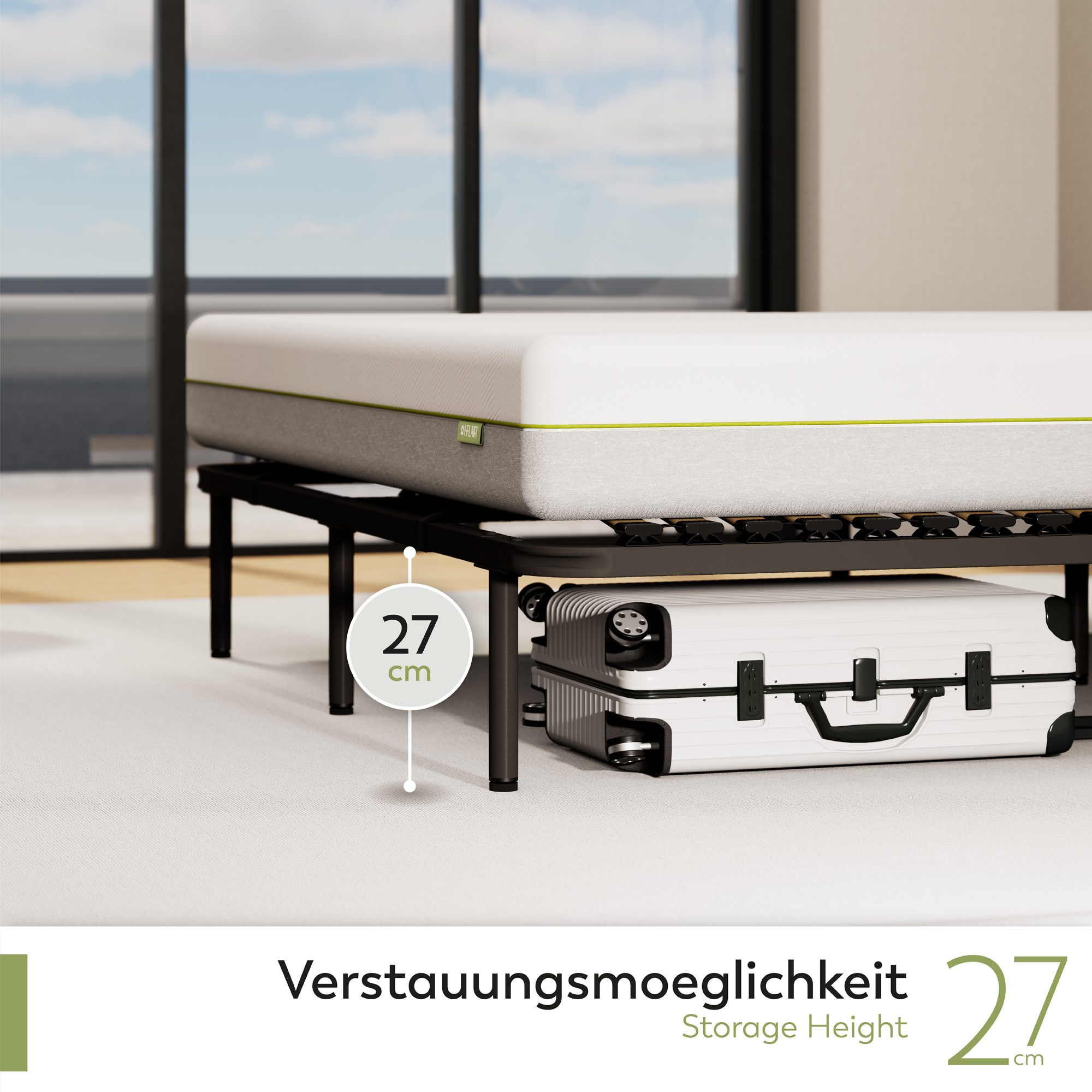 Metallbett Gästebett GRACE auf Füßen mit Stauraum - für alle Matratzen und Betten geeignet