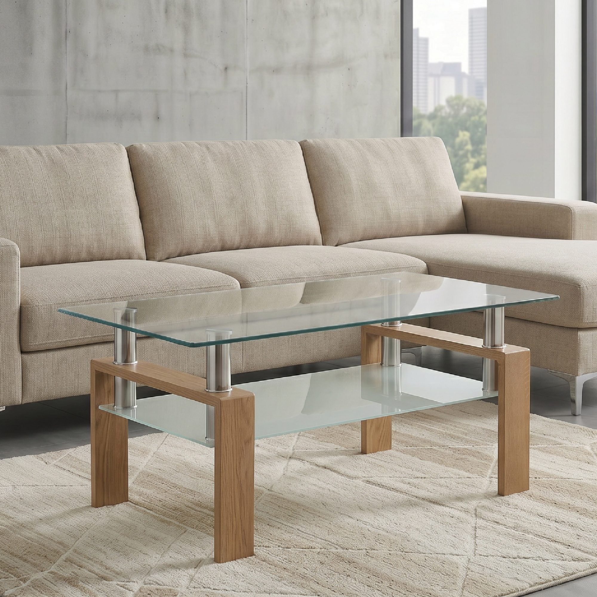 Coffee Table PORTER made of Glass/Metal with Oak-Colored Wood