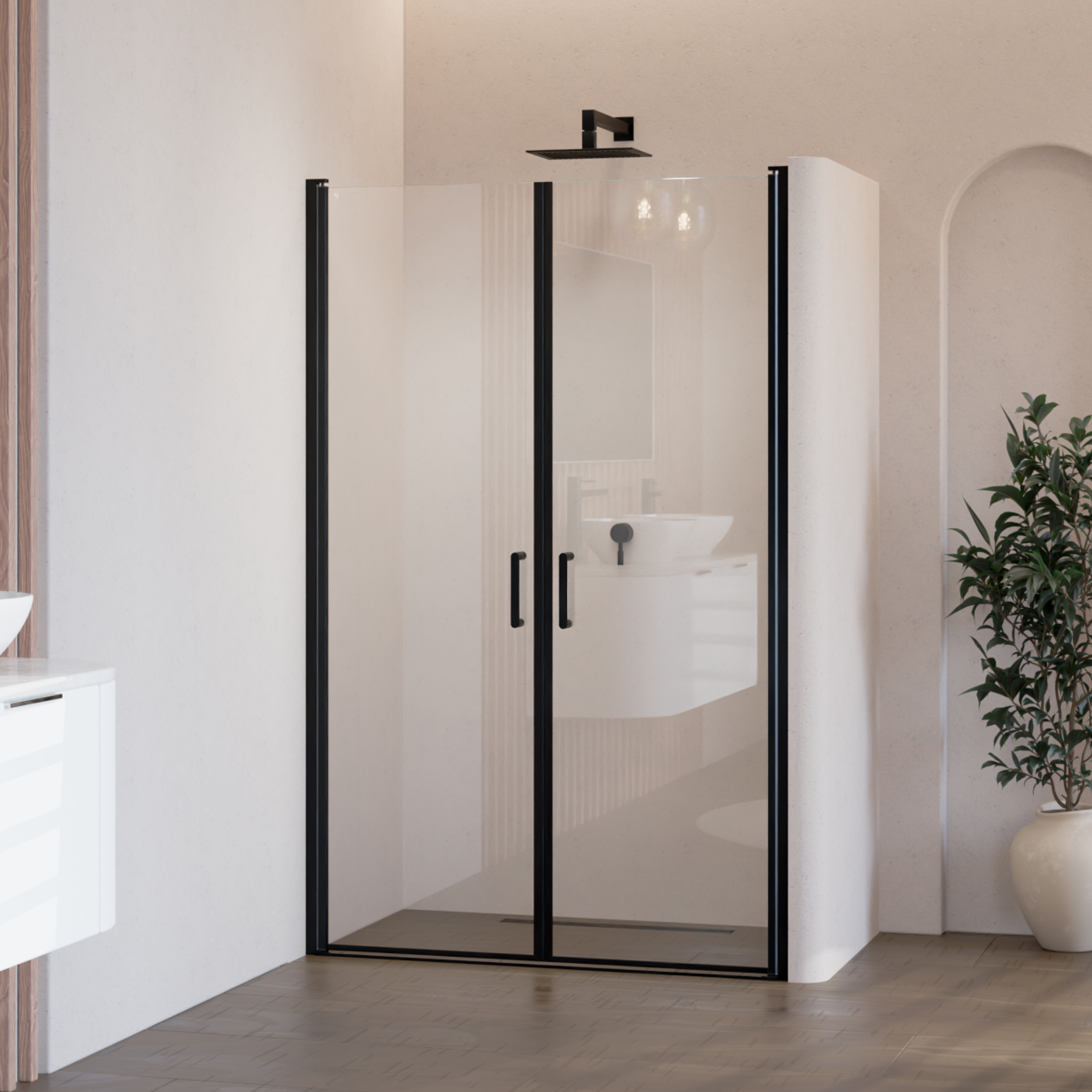 Shower Door Stella with Hinged Doors Made of Tempered Safety Glass Stella – Shower Door Black with Hinged Doors and Black Profiles Made of ESG Safety Glass