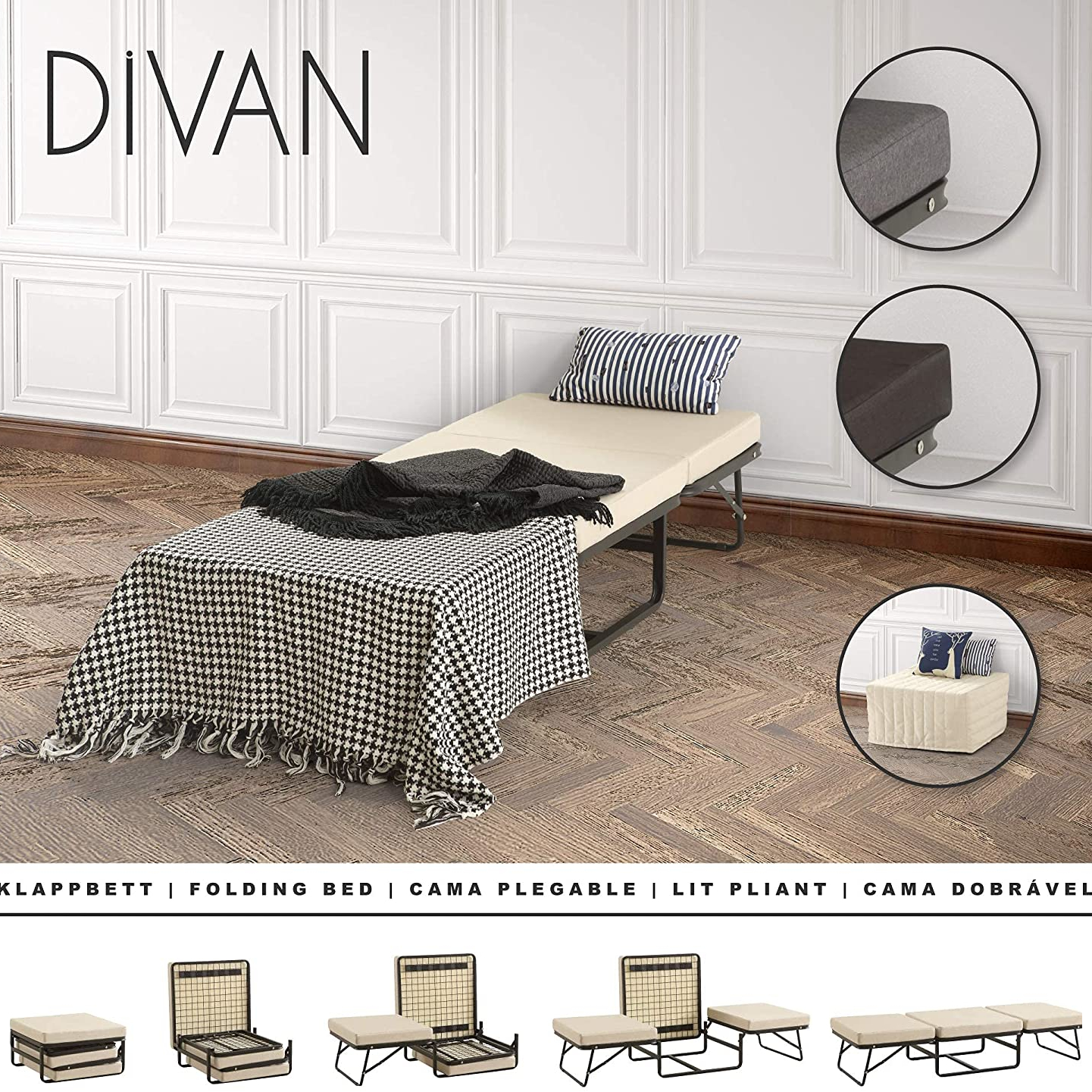 Divan – Gästebett , stabiles Klappbett in 3 Farben